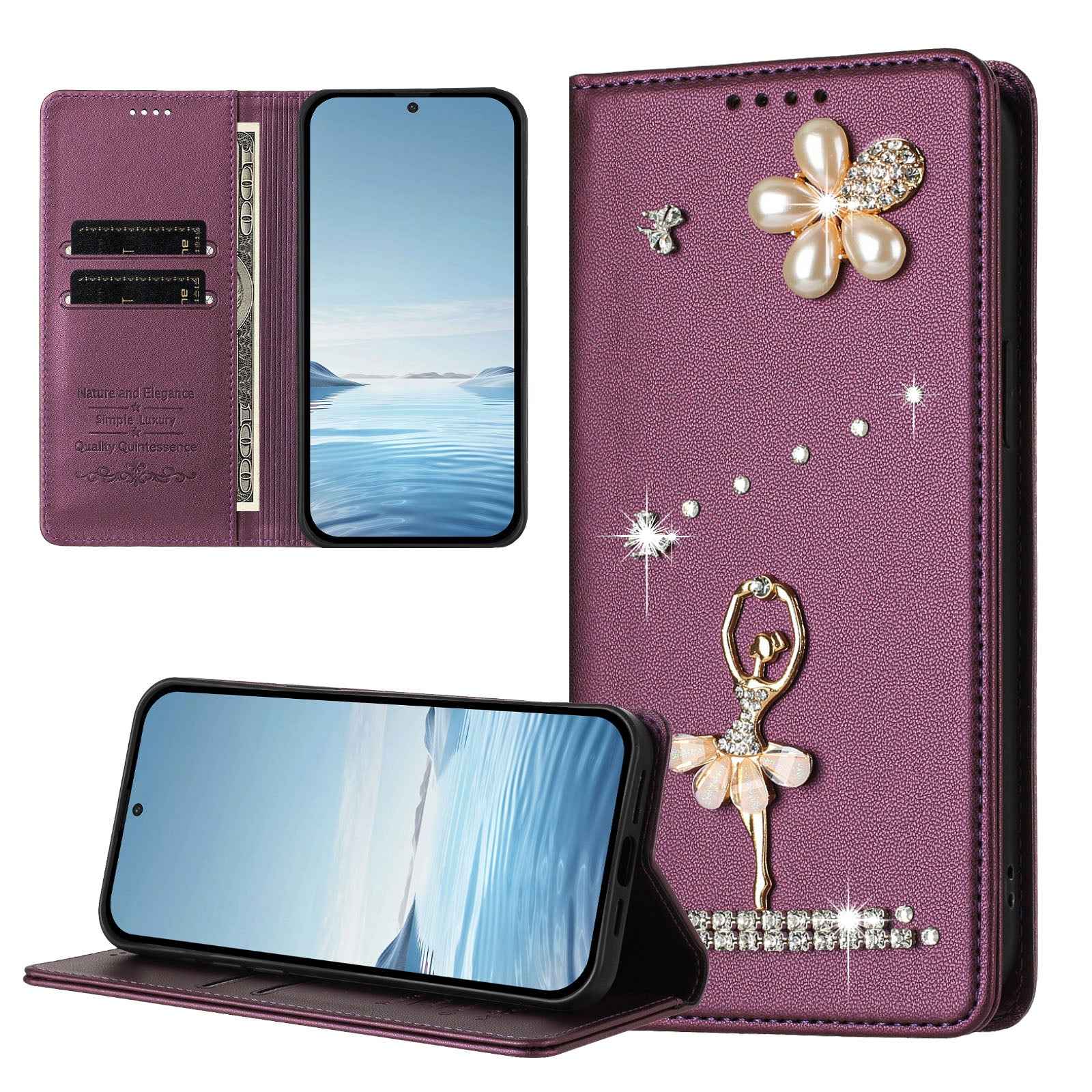 For Samsung Galaxy A57 5G Leather Case RFID Blocking Wallet Stand Rhinestones Ballet Dancer Flip Phone Cover - Violet