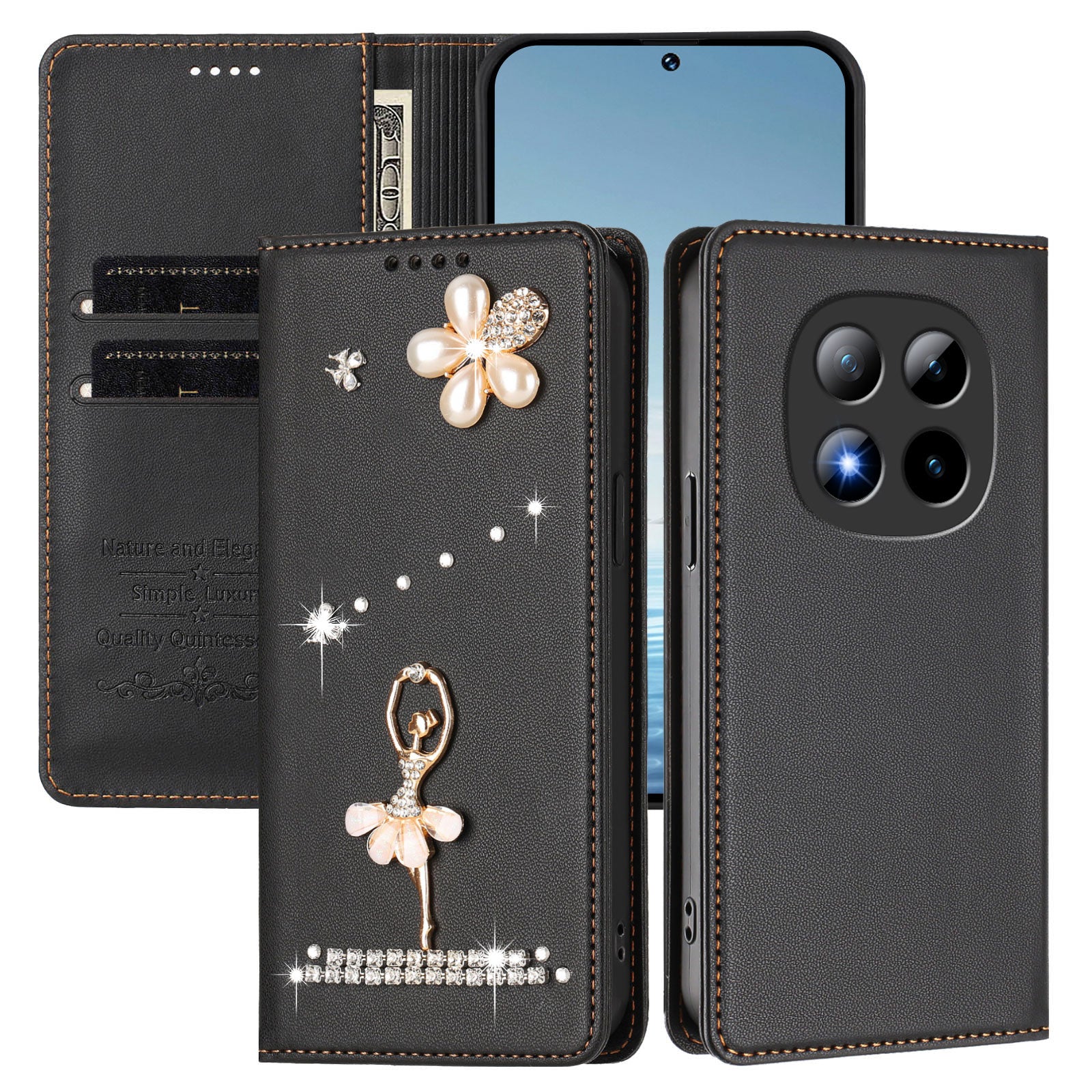 For Xiaomi Poco M8 Pro 5G / Xiaomi Redmi Note 15 Pro+ 5G (Global) Leather Case RFID Blocking Wallet Stand Rhinestones Ballet Dancer Flip Phone Cover - Black