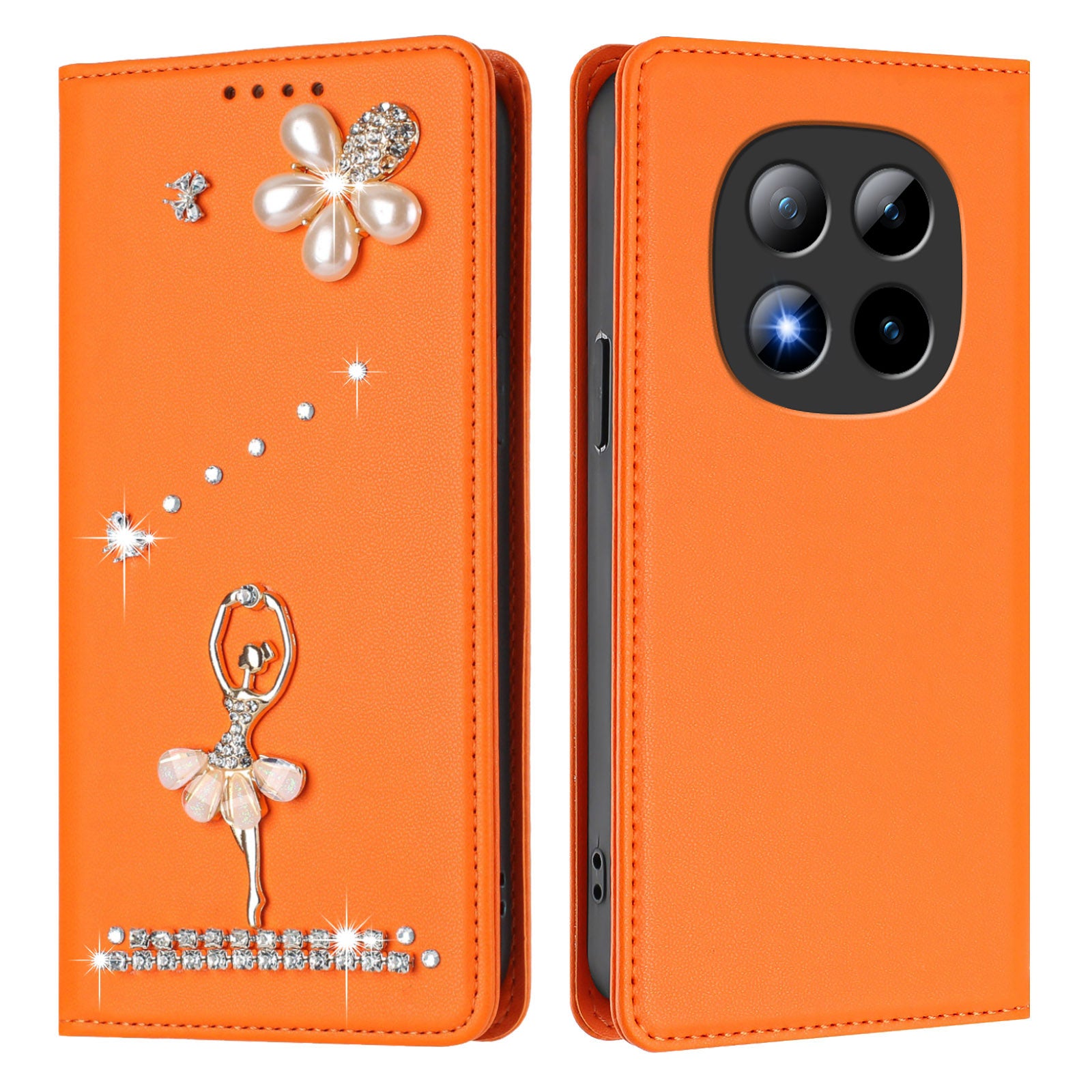 For Xiaomi Poco M8 Pro 5G / Xiaomi Redmi Note 15 Pro+ 5G (Global) Leather Case RFID Blocking Wallet Stand Rhinestones Ballet Dancer Flip Phone Cover - Orange