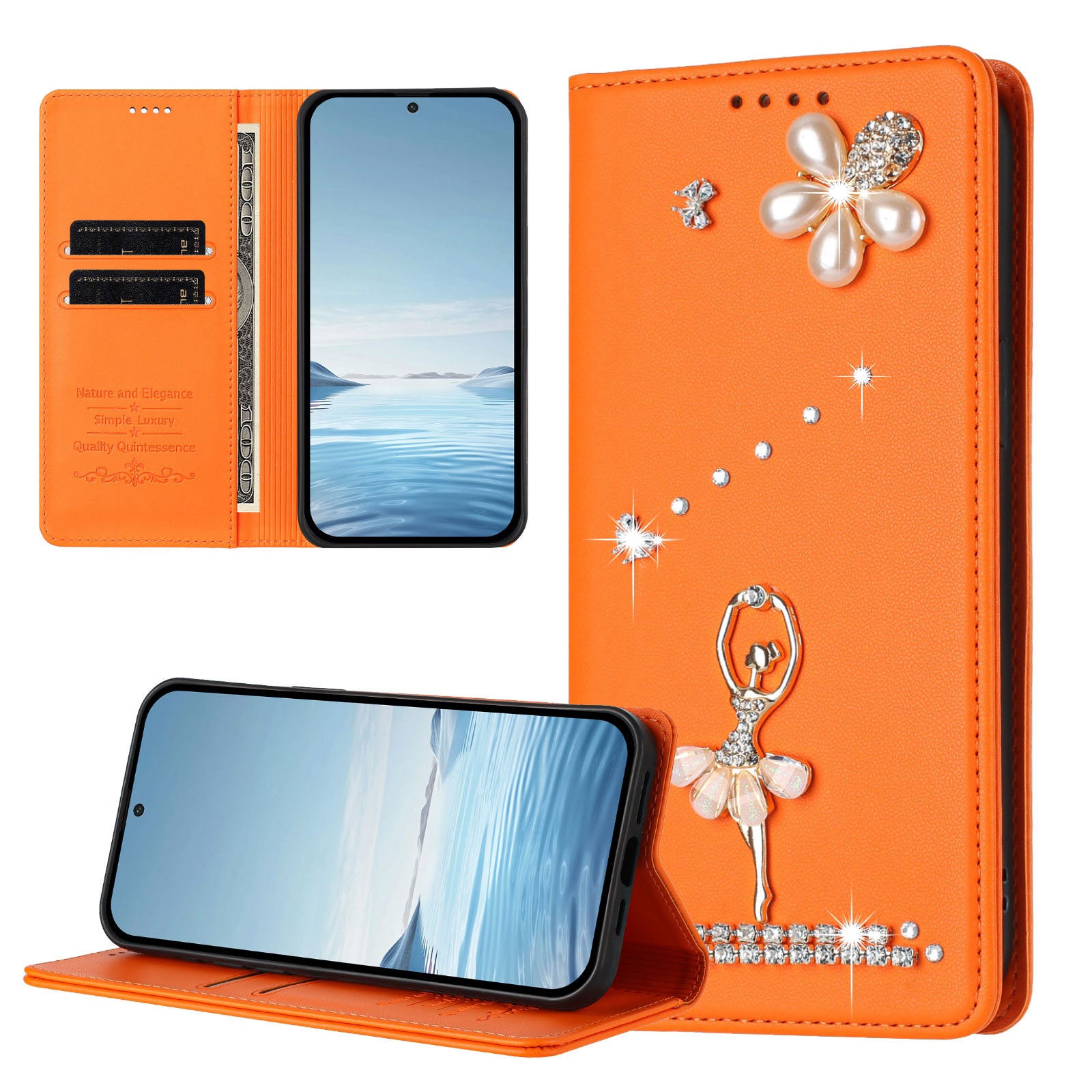 For Xiaomi Poco M8 Pro 5G / Xiaomi Redmi Note 15 Pro+ 5G (Global) Leather Case RFID Blocking Wallet Stand Rhinestones Ballet Dancer Flip Phone Cover - Orange