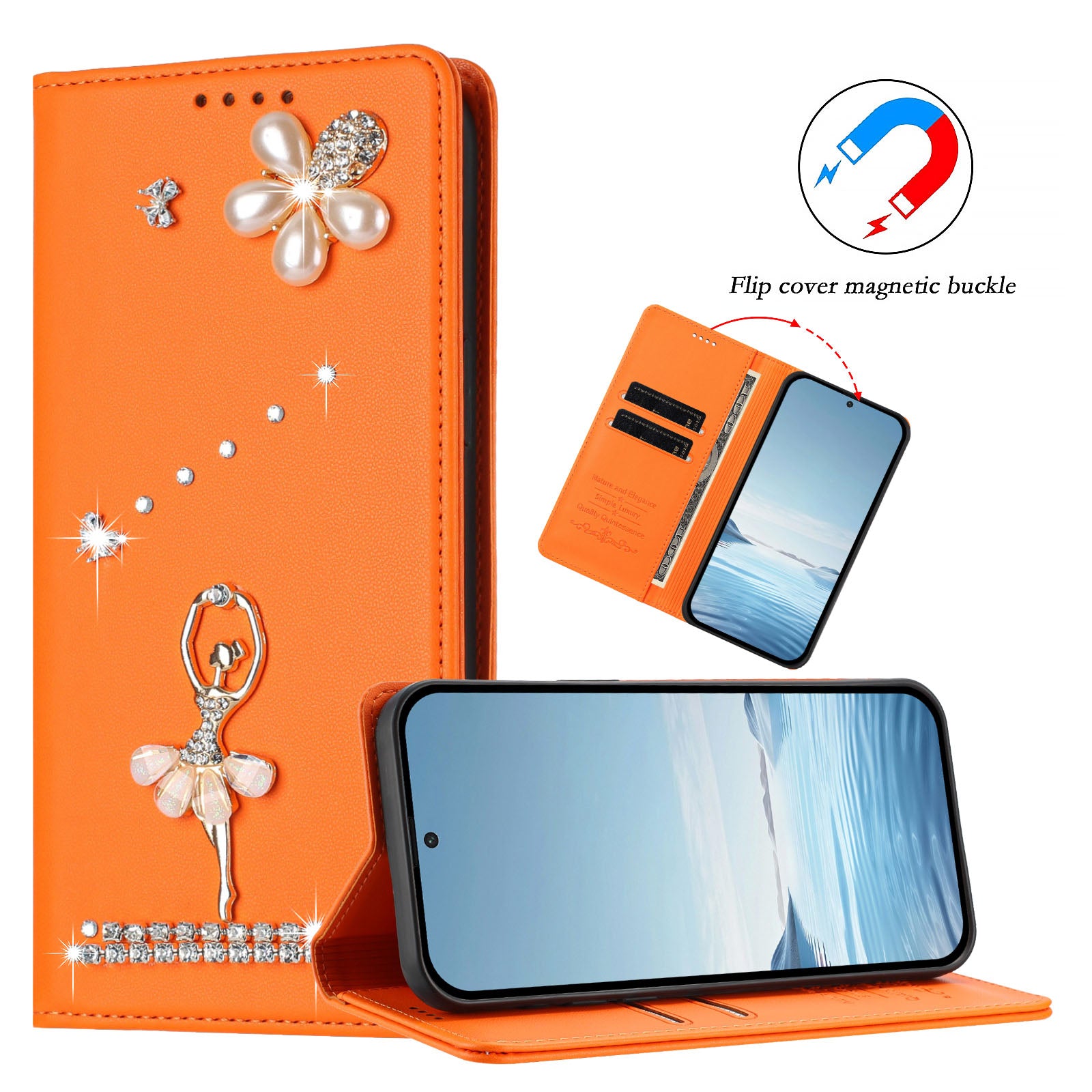 For Xiaomi Poco M8 Pro 5G / Xiaomi Redmi Note 15 Pro+ 5G (Global) Leather Case RFID Blocking Wallet Stand Rhinestones Ballet Dancer Flip Phone Cover - Orange