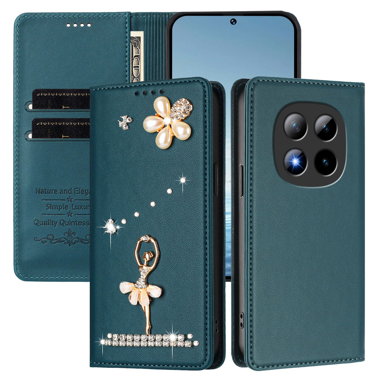 For Xiaomi Poco M8 Pro 5G / Xiaomi Redmi Note 15 Pro+ 5G (Global) Leather Case RFID Blocking Wallet Stand Rhinestones Ballet Dancer Flip Phone Cover - Green
