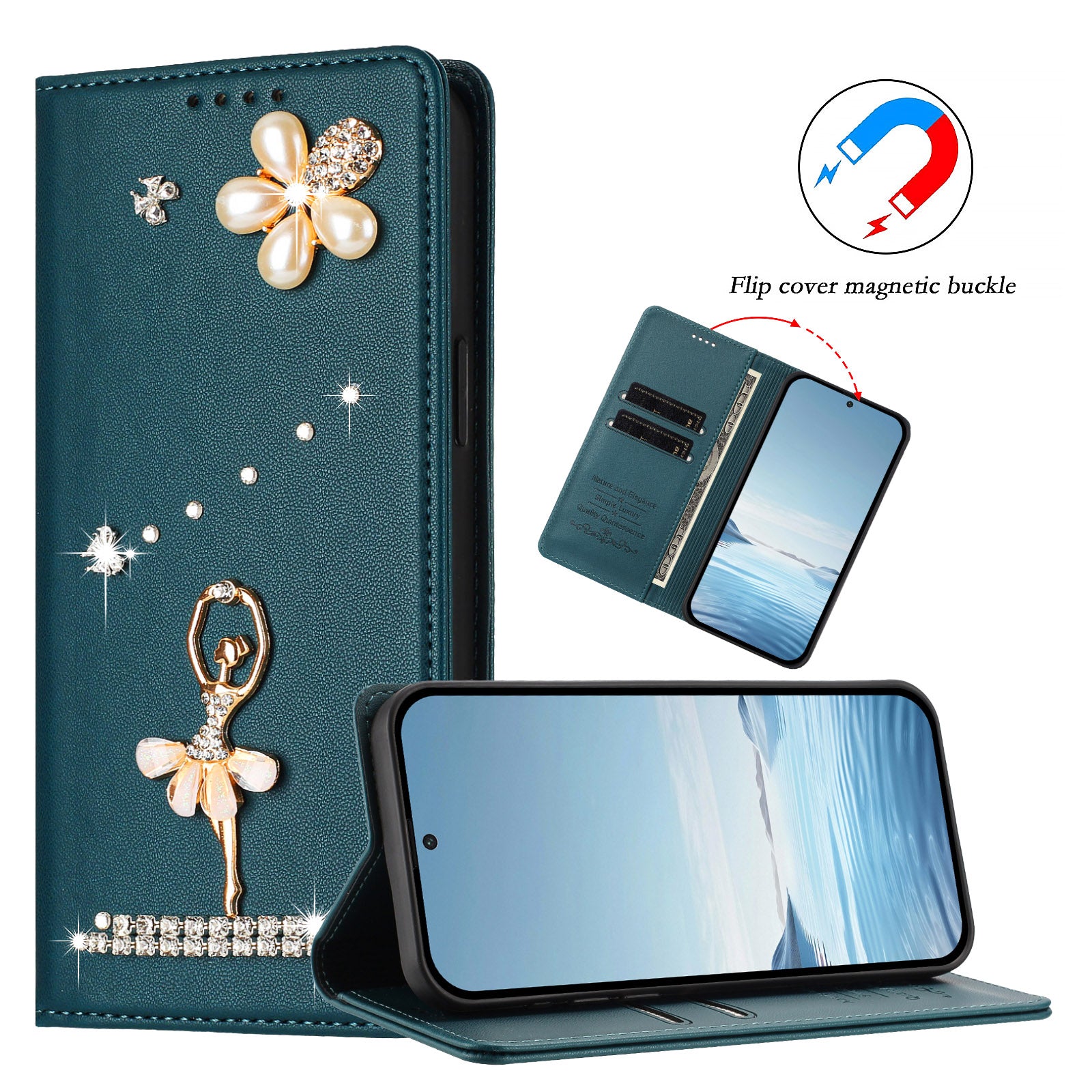 For Xiaomi Poco M8 Pro 5G / Xiaomi Redmi Note 15 Pro+ 5G (Global) Leather Case RFID Blocking Wallet Stand Rhinestones Ballet Dancer Flip Phone Cover - Green