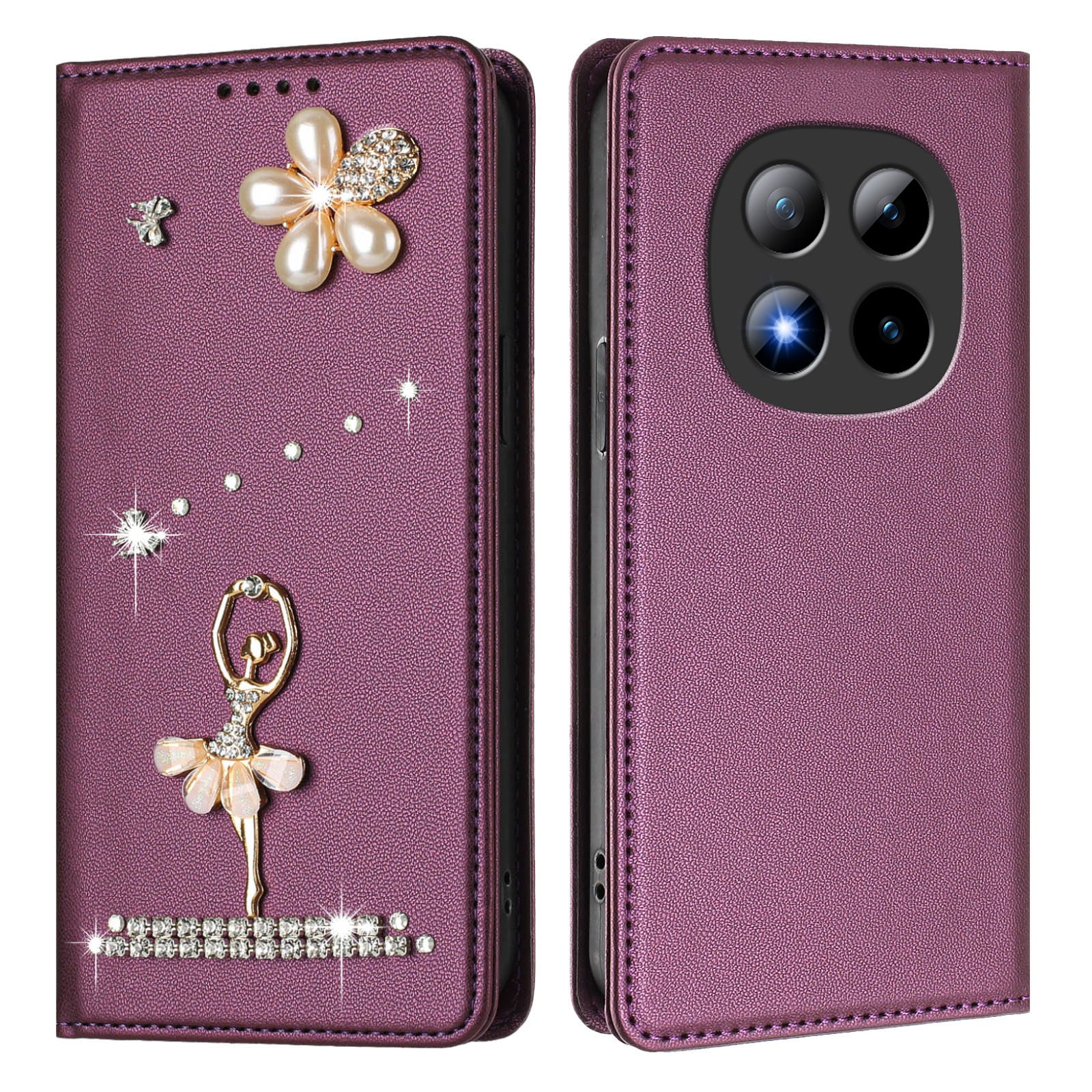 For Xiaomi Poco M8 Pro 5G / Xiaomi Redmi Note 15 Pro+ 5G (Global) Leather Case RFID Blocking Wallet Stand Rhinestones Ballet Dancer Flip Phone Cover - Violet