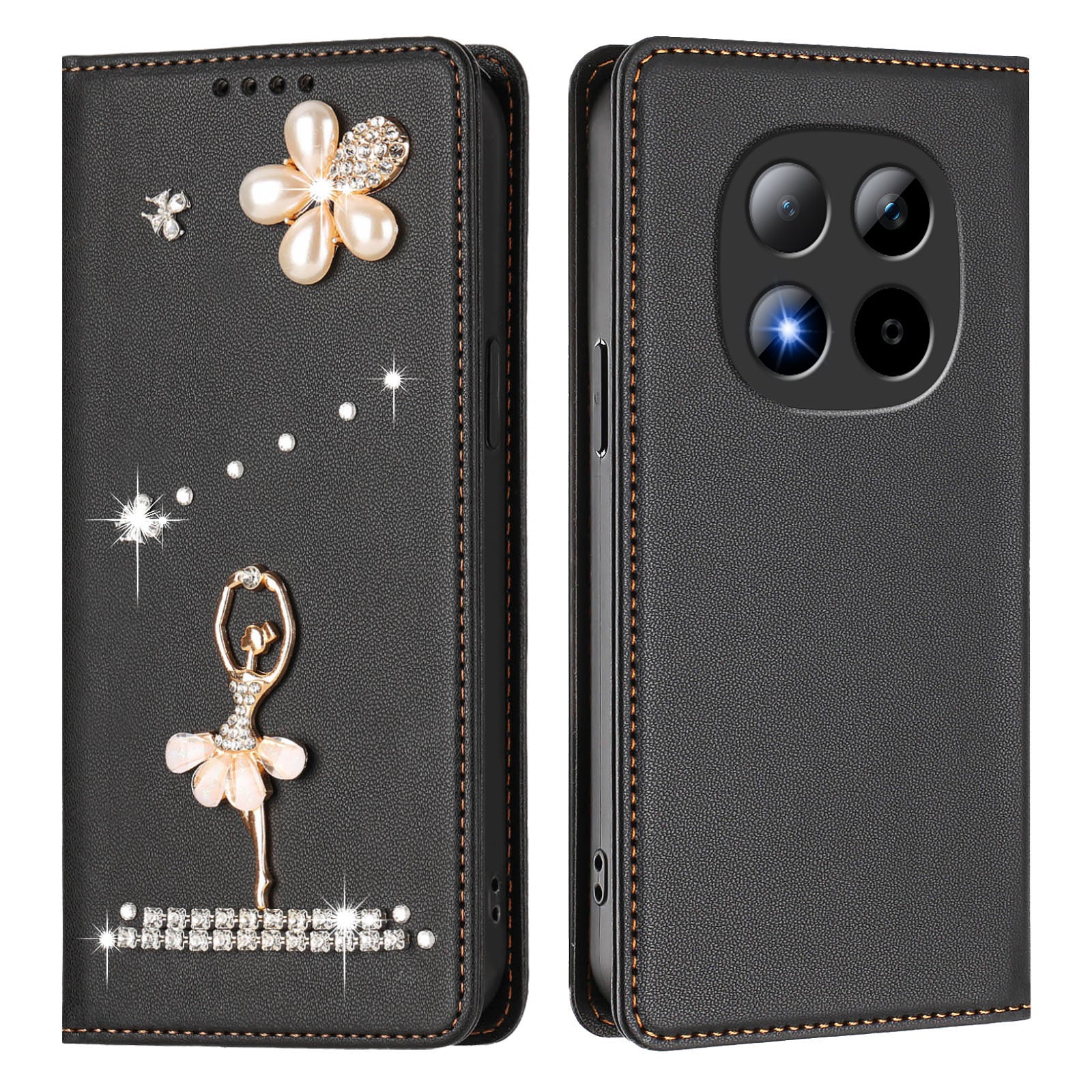 For Xiaomi Redmi Note 15 Pro 5G (Global) Leather Case RFID Blocking Wallet Stand Rhinestones Ballet Dancer Flip Phone Cover - Black