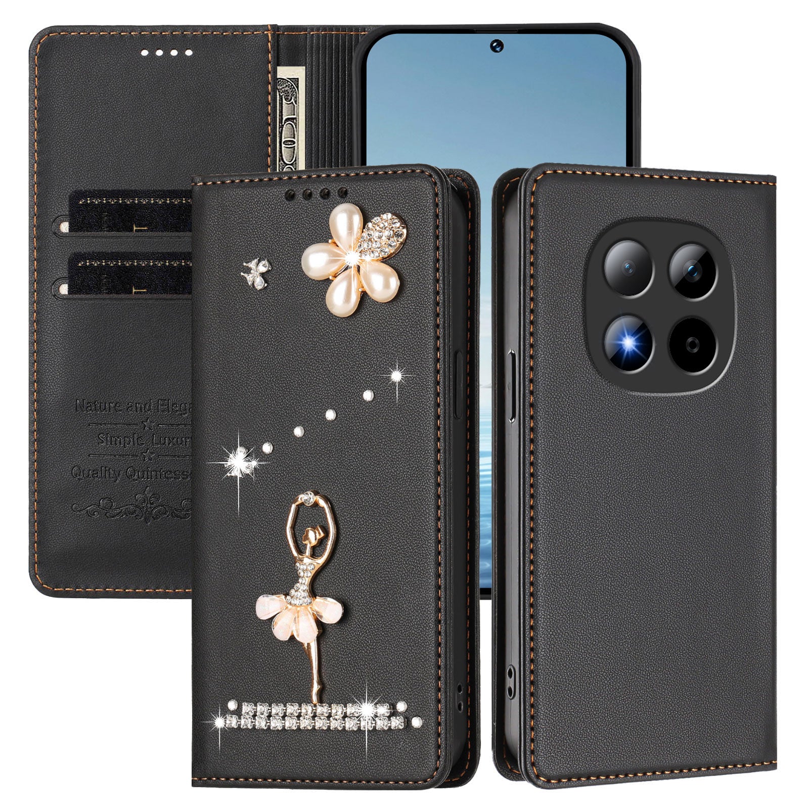 For Xiaomi Redmi Note 15 Pro 5G (Global) Leather Case RFID Blocking Wallet Stand Rhinestones Ballet Dancer Flip Phone Cover - Black
