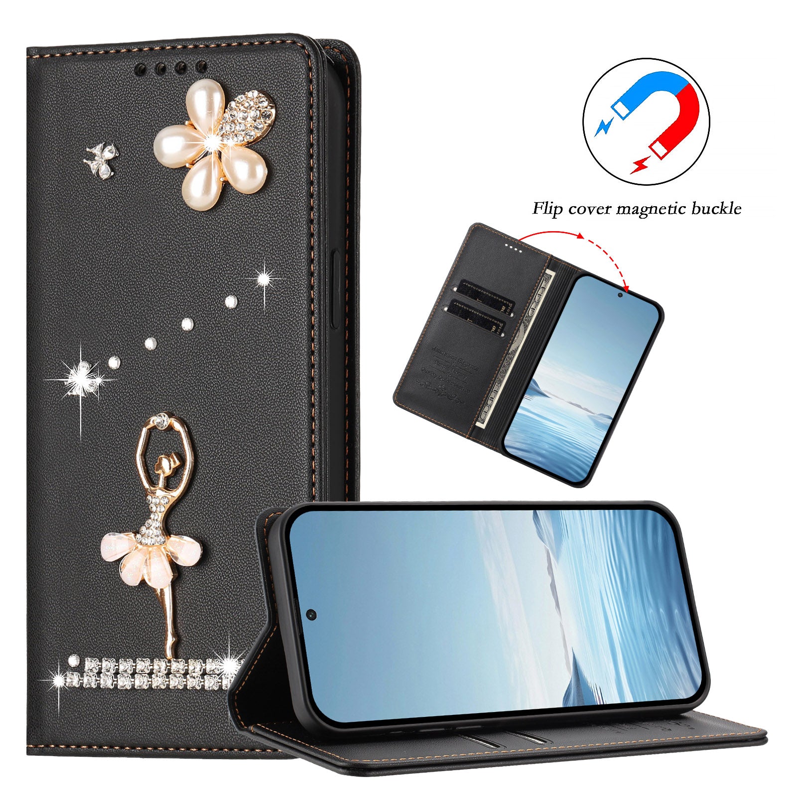 For Xiaomi Redmi Note 15 Pro 5G (Global) Leather Case RFID Blocking Wallet Stand Rhinestones Ballet Dancer Flip Phone Cover - Black