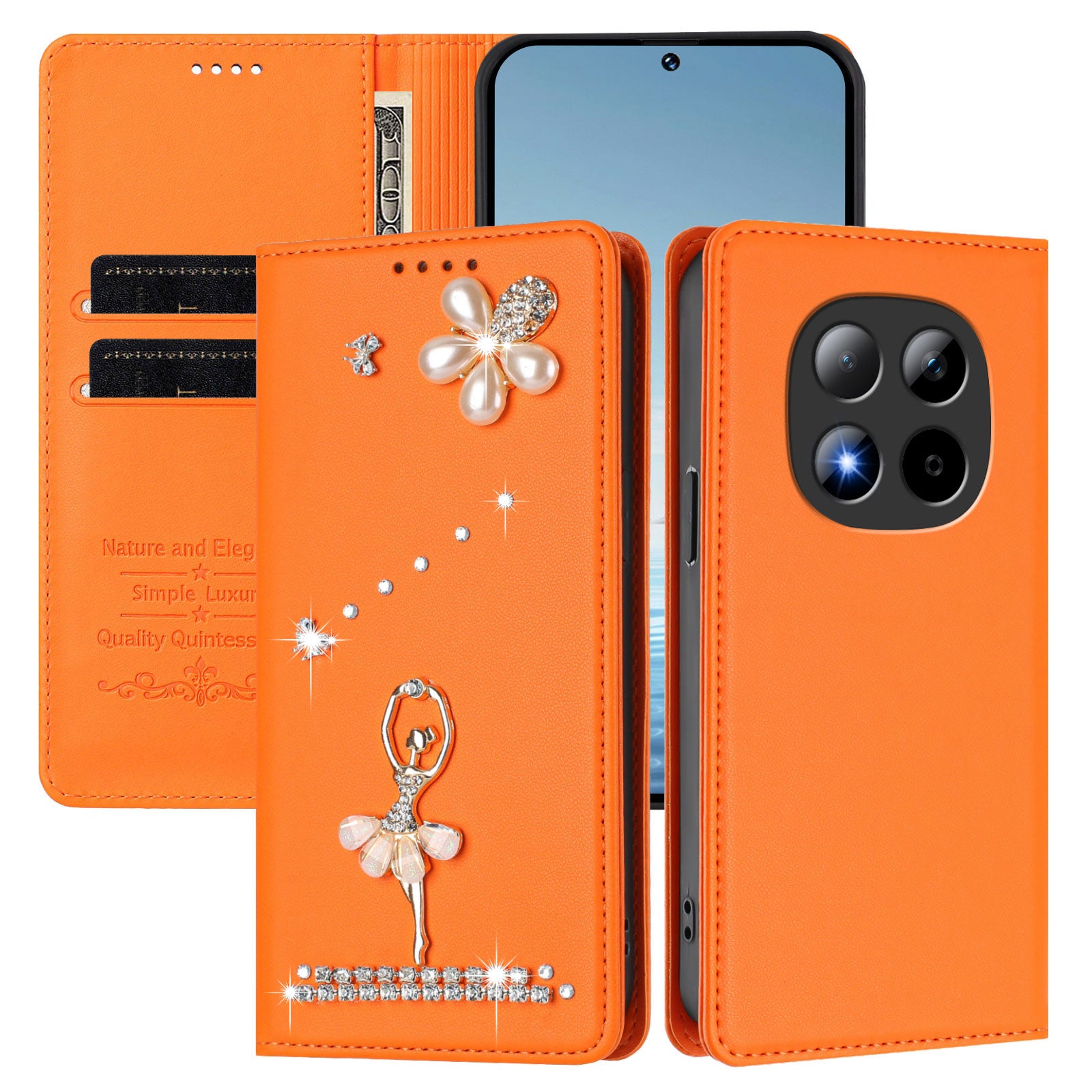 For Xiaomi Redmi Note 15 Pro 5G (Global) Leather Case RFID Blocking Wallet Stand Rhinestones Ballet Dancer Flip Phone Cover - Orange