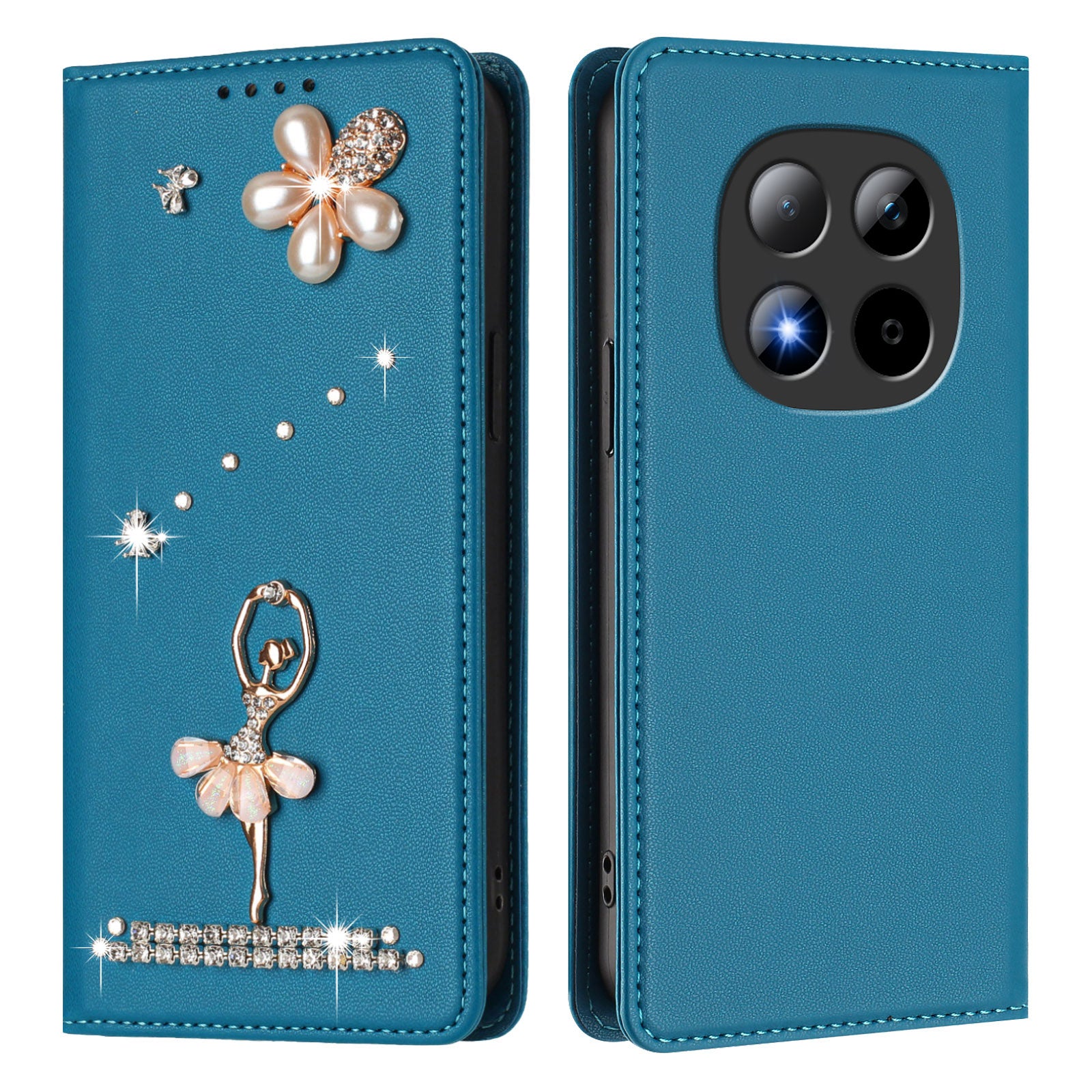 For Xiaomi Redmi Note 15 Pro 5G (Global) Leather Case RFID Blocking Wallet Stand Rhinestones Ballet Dancer Flip Phone Cover - Lake Blue