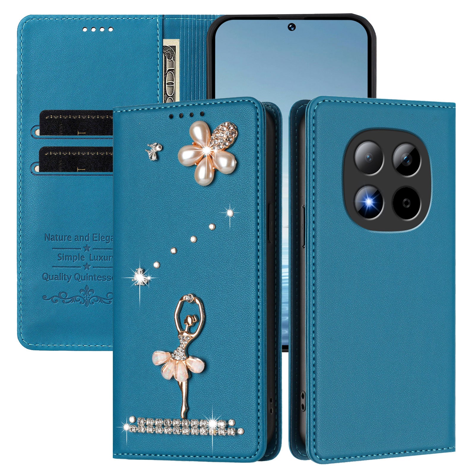 For Xiaomi Redmi Note 15 Pro 5G (Global) Leather Case RFID Blocking Wallet Stand Rhinestones Ballet Dancer Flip Phone Cover - Lake Blue