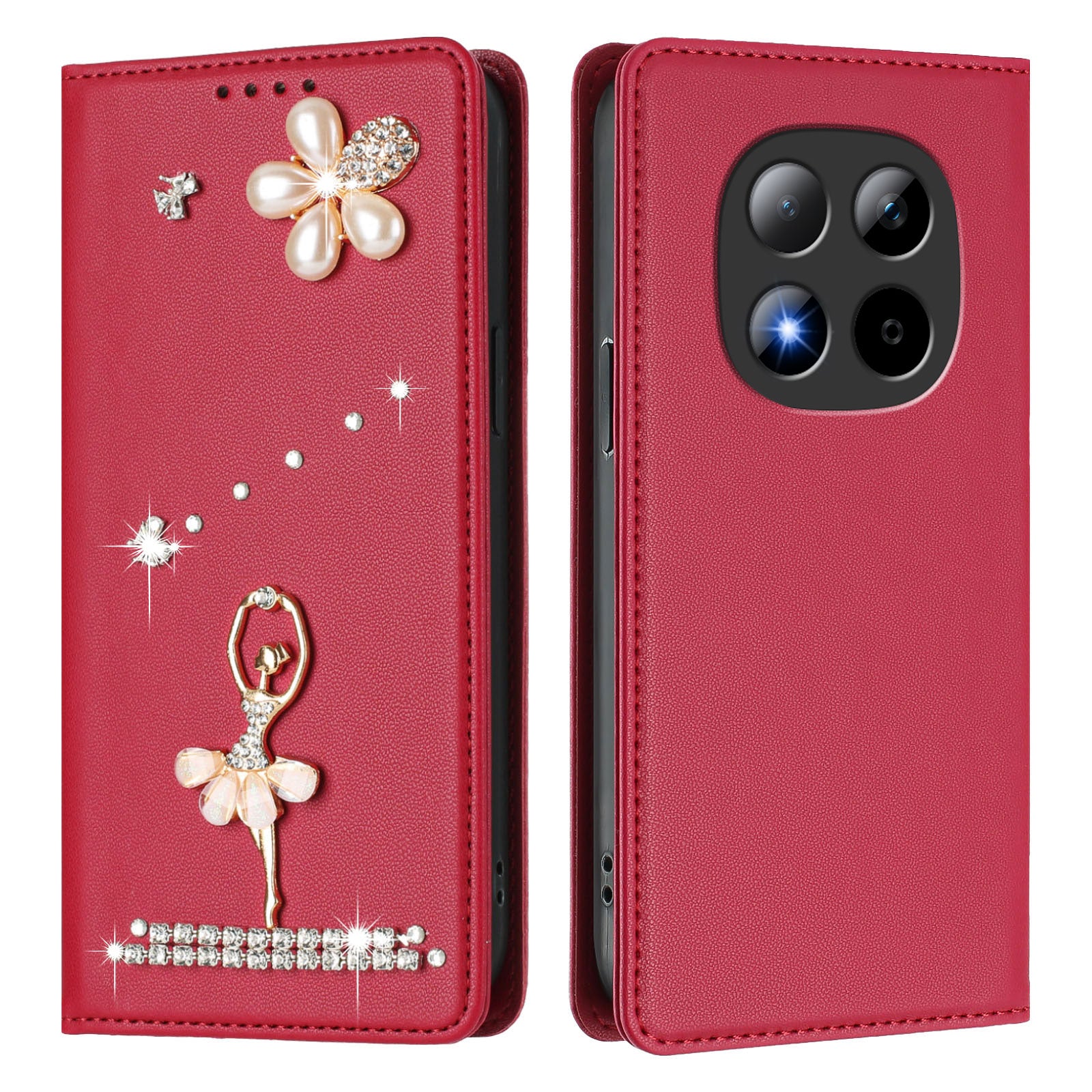 For Xiaomi Redmi Note 15 Pro 5G (Global) Leather Case RFID Blocking Wallet Stand Rhinestones Ballet Dancer Flip Phone Cover - Wine Red