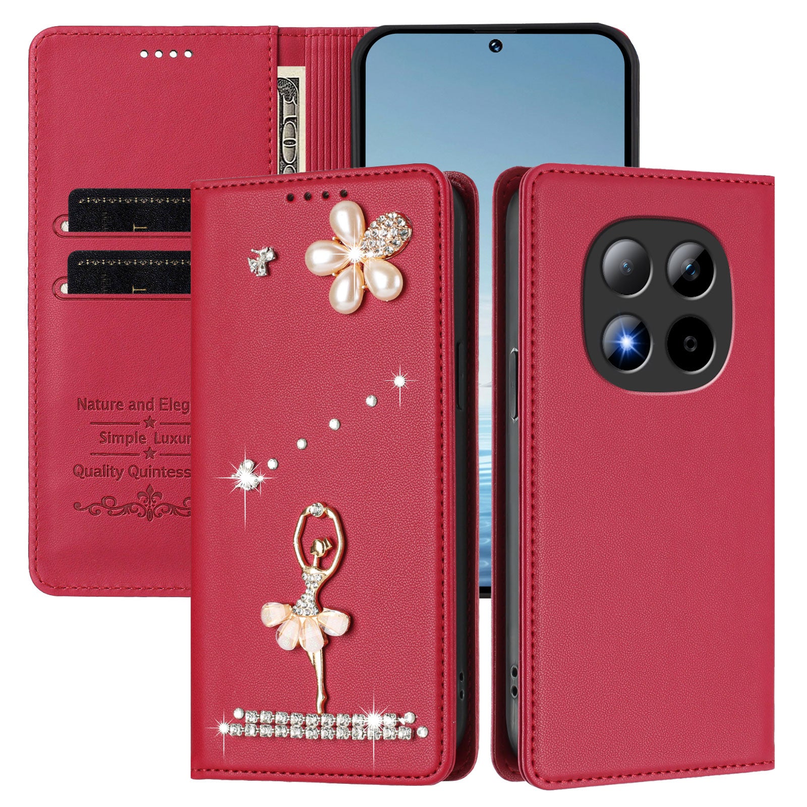 For Xiaomi Redmi Note 15 Pro 5G (Global) Leather Case RFID Blocking Wallet Stand Rhinestones Ballet Dancer Flip Phone Cover - Wine Red