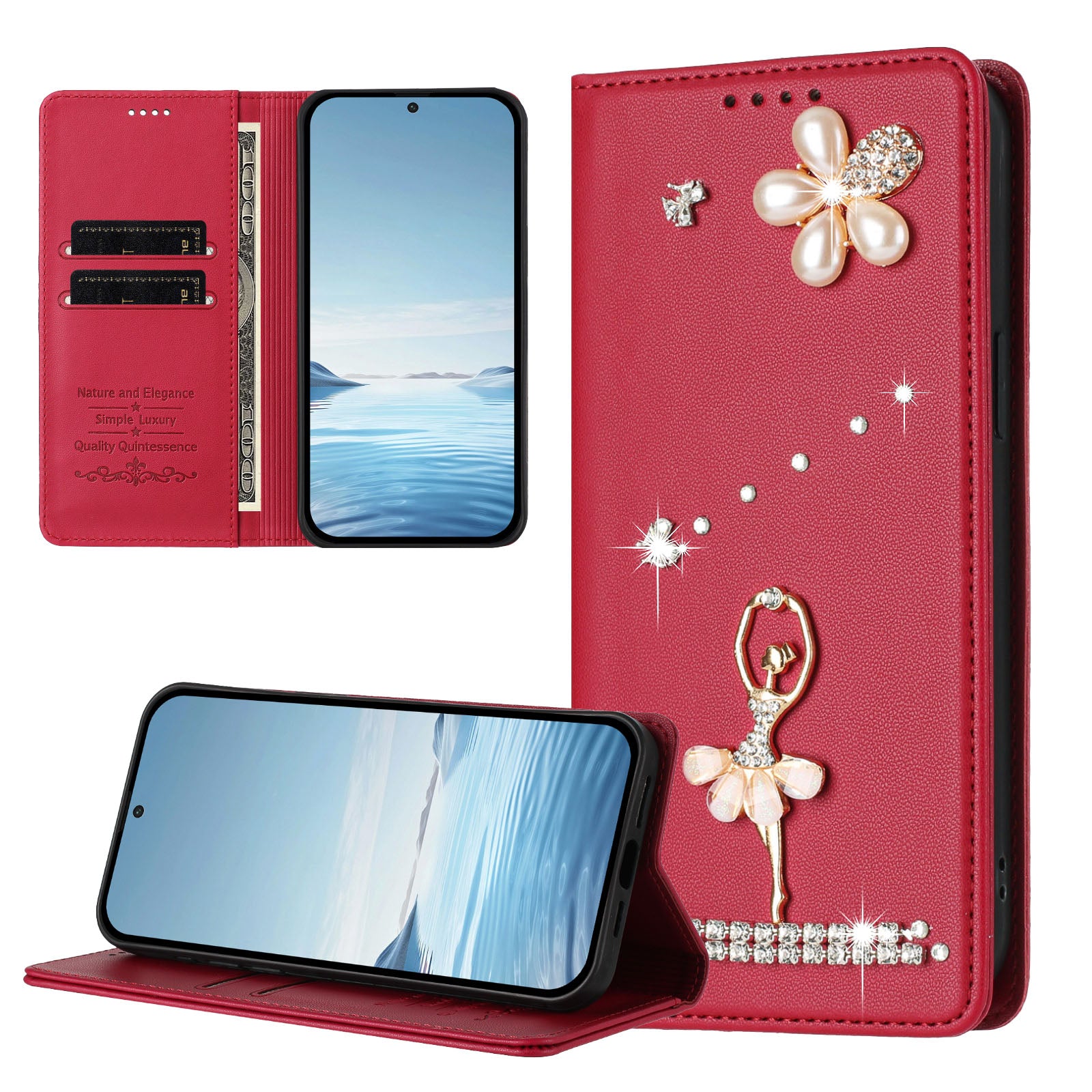 For Xiaomi Redmi Note 15 Pro 5G (Global) Leather Case RFID Blocking Wallet Stand Rhinestones Ballet Dancer Flip Phone Cover - Wine Red