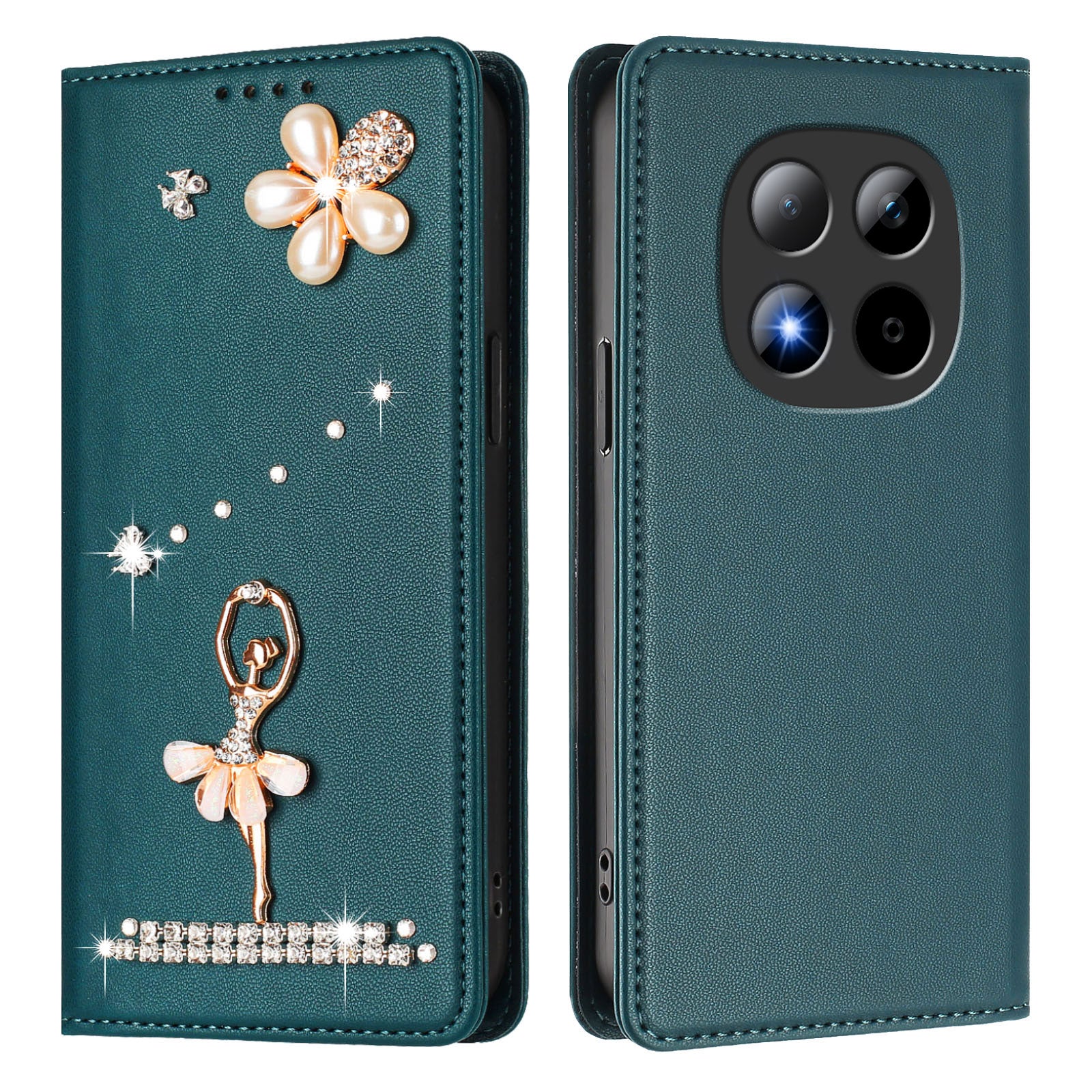 For Xiaomi Redmi Note 15 Pro 5G (Global) Leather Case RFID Blocking Wallet Stand Rhinestones Ballet Dancer Flip Phone Cover - Green