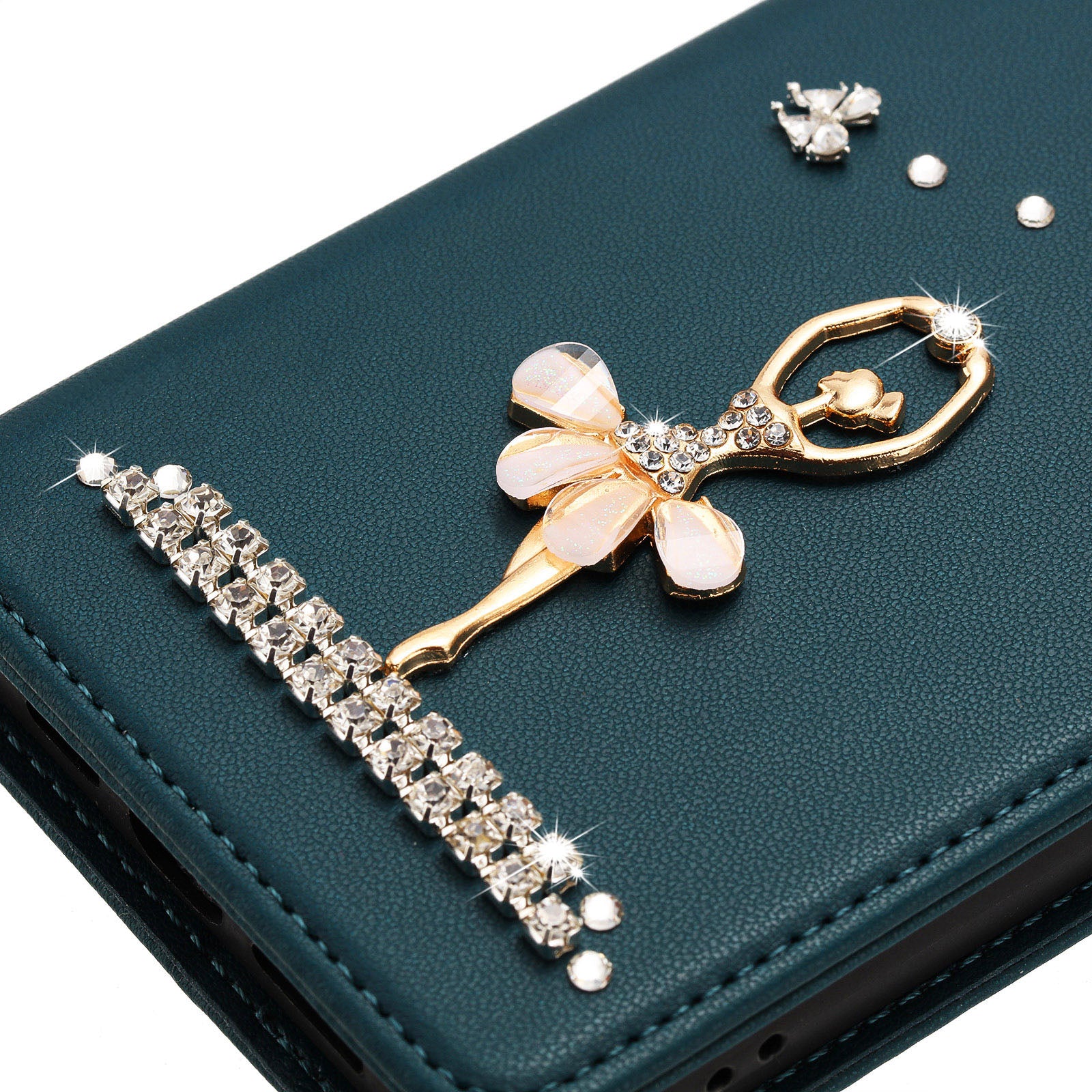 For Xiaomi Redmi Note 15 Pro 5G (Global) Leather Case RFID Blocking Wallet Stand Rhinestones Ballet Dancer Flip Phone Cover - Green