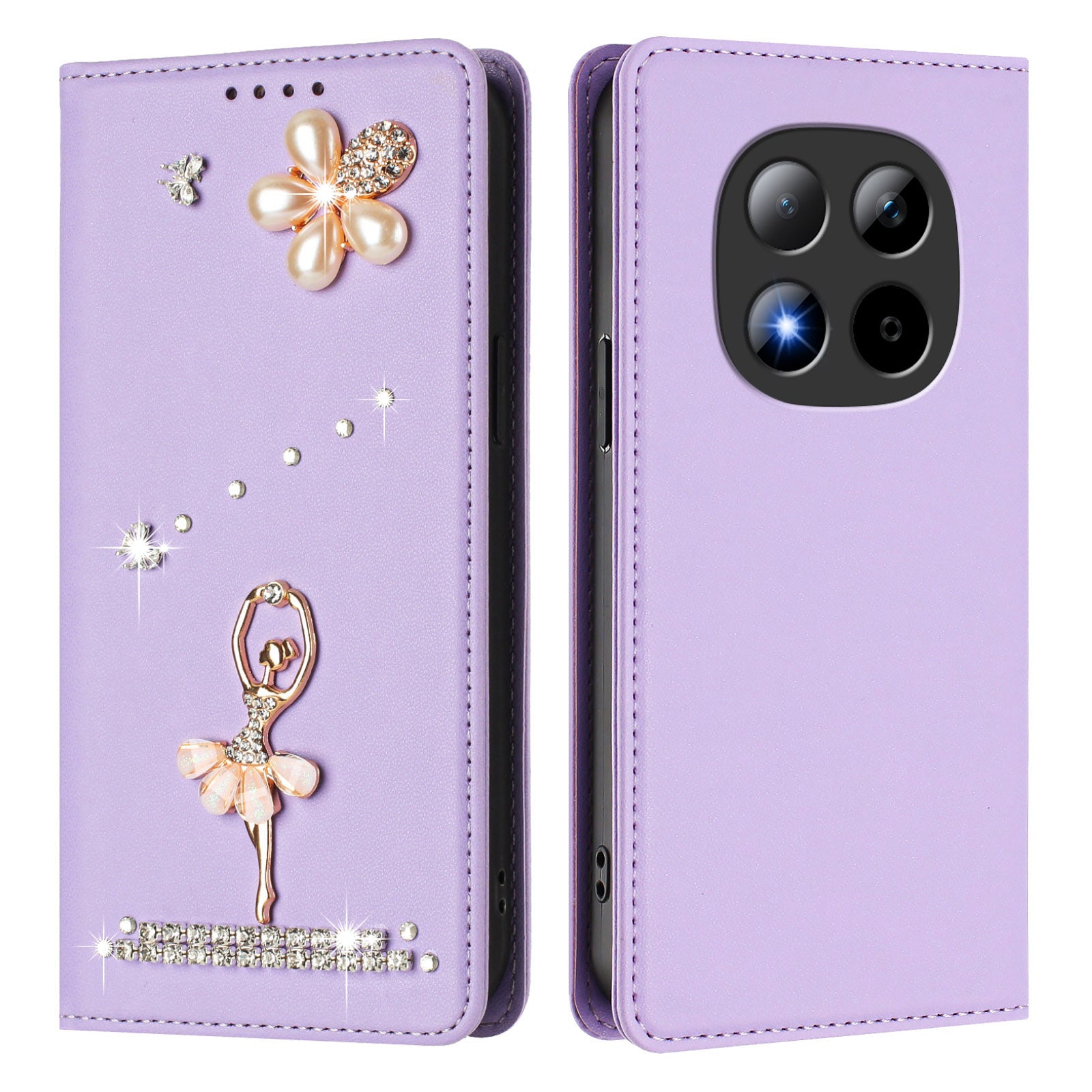 For Xiaomi Redmi Note 15 Pro 5G (Global) Leather Case RFID Blocking Wallet Stand Rhinestones Ballet Dancer Flip Phone Cover - Light Purple