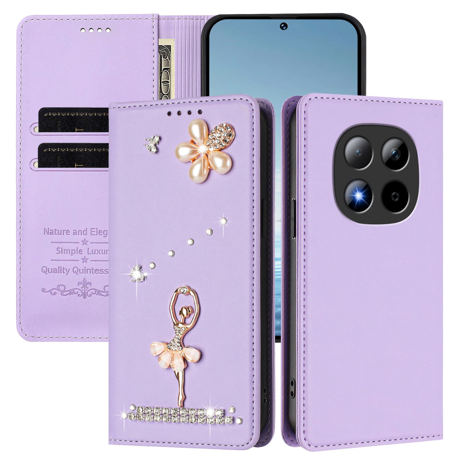 For Xiaomi Redmi Note 15 Pro 5G (Global) Leather Case RFID Blocking Wallet Stand Rhinestones Ballet Dancer Flip Phone Cover - Light Purple
