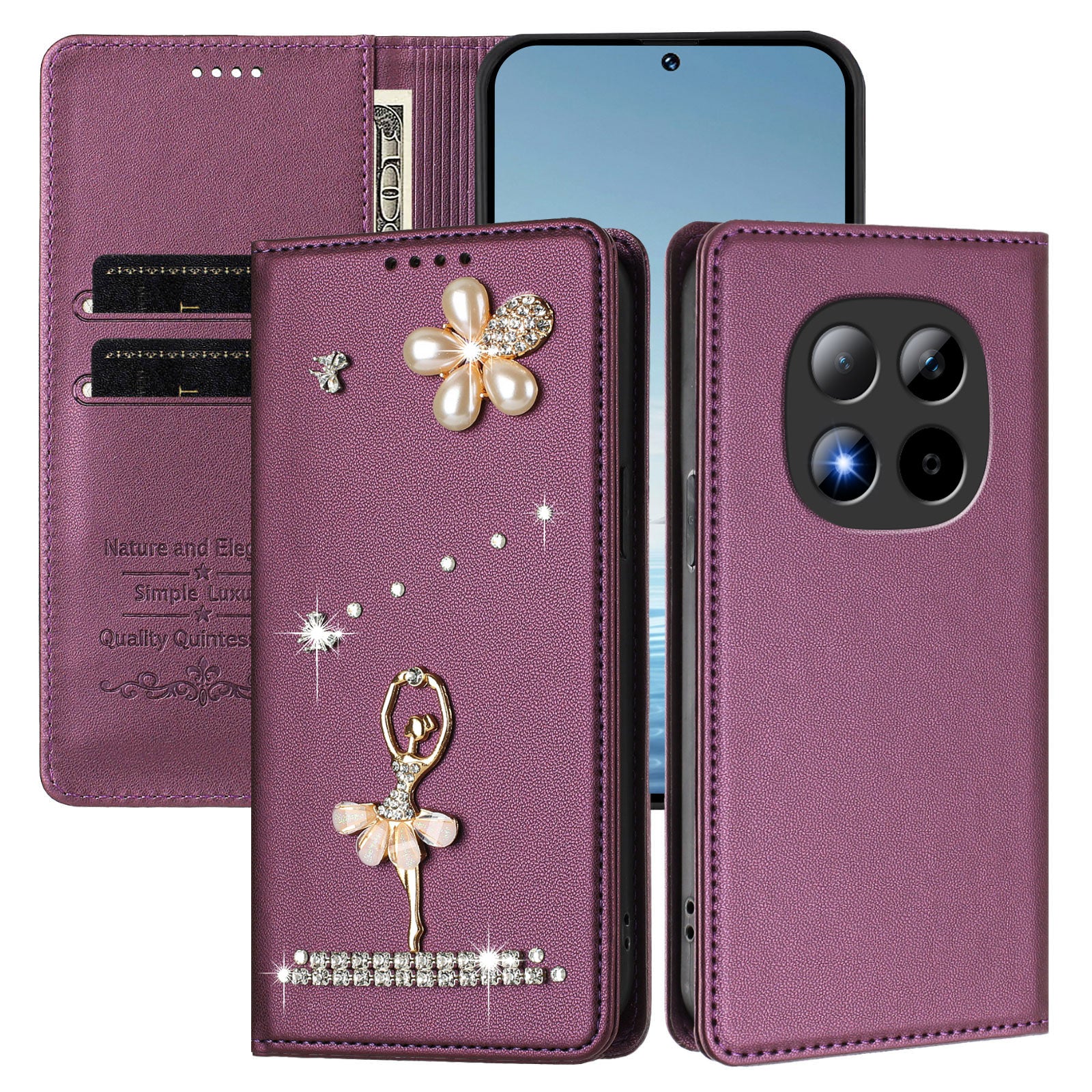 For Xiaomi Redmi Note 15 Pro 5G (Global) Leather Case RFID Blocking Wallet Stand Rhinestones Ballet Dancer Flip Phone Cover - Violet