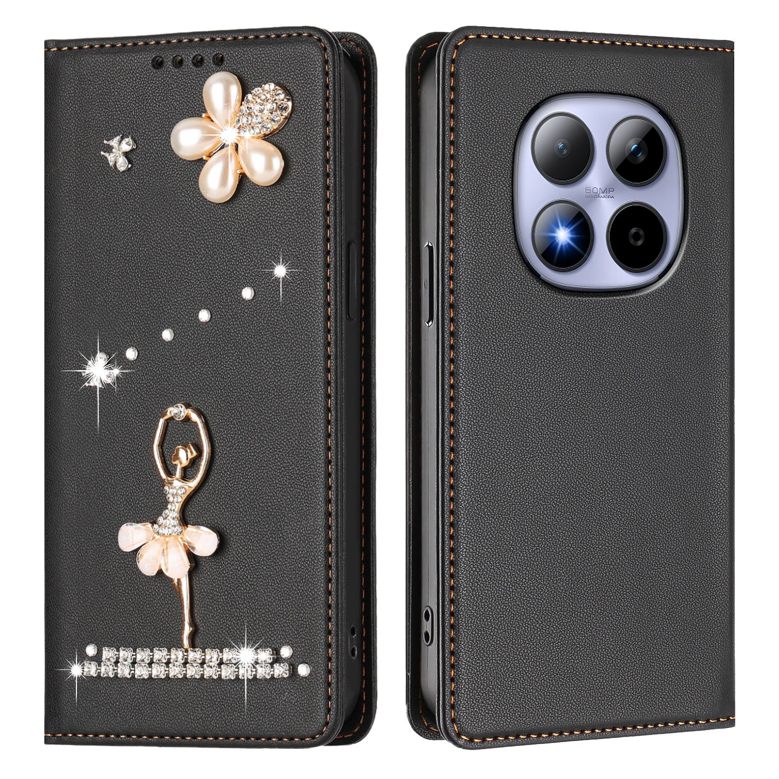 For Xiaomi Redmi Note 15 Pro 4G (Global) Leather Case RFID Blocking Wallet Stand Rhinestones Ballet Dancer Flip Phone Cover - Black