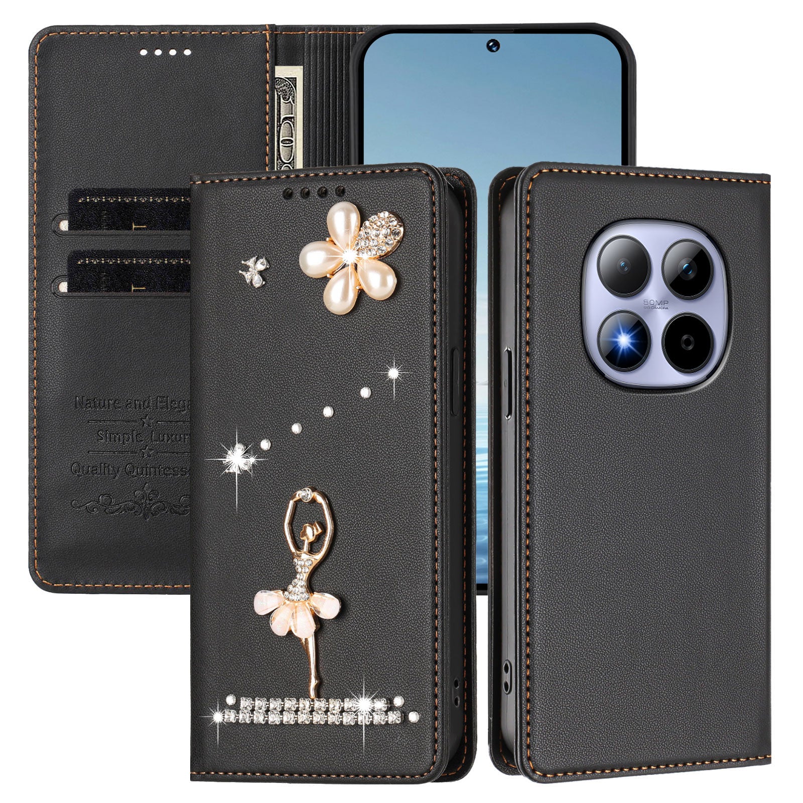 For Xiaomi Redmi Note 15 Pro 4G (Global) Leather Case RFID Blocking Wallet Stand Rhinestones Ballet Dancer Flip Phone Cover - Black