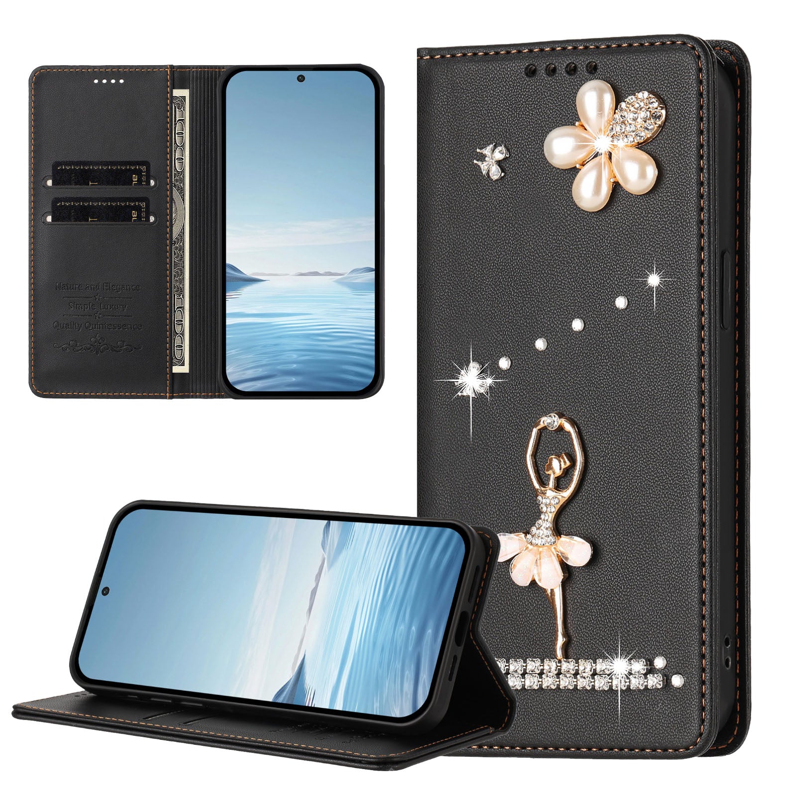 For Xiaomi Redmi Note 15 Pro 4G (Global) Leather Case RFID Blocking Wallet Stand Rhinestones Ballet Dancer Flip Phone Cover - Black