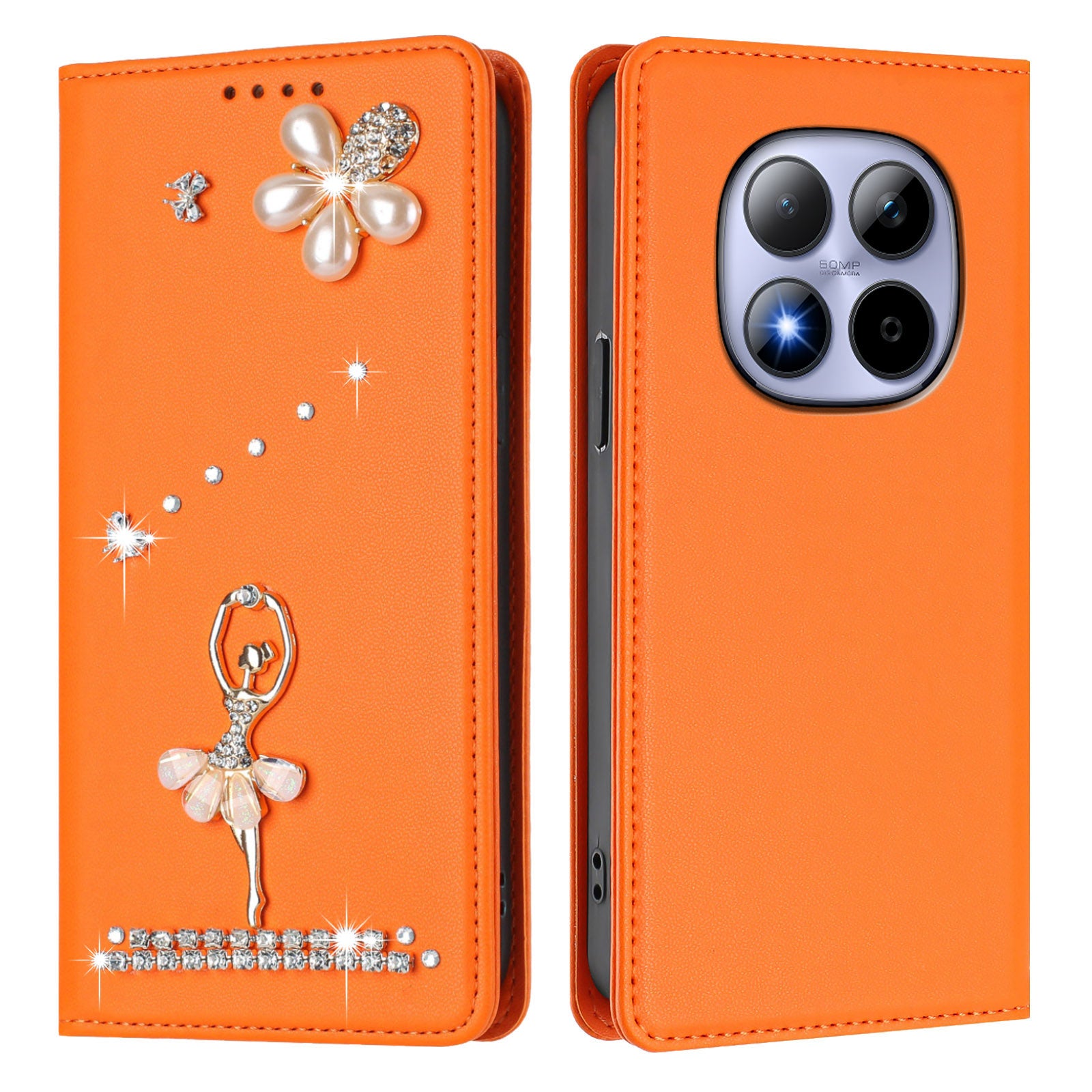 For Xiaomi Redmi Note 15 Pro 4G (Global) Leather Case RFID Blocking Wallet Stand Rhinestones Ballet Dancer Flip Phone Cover - Orange