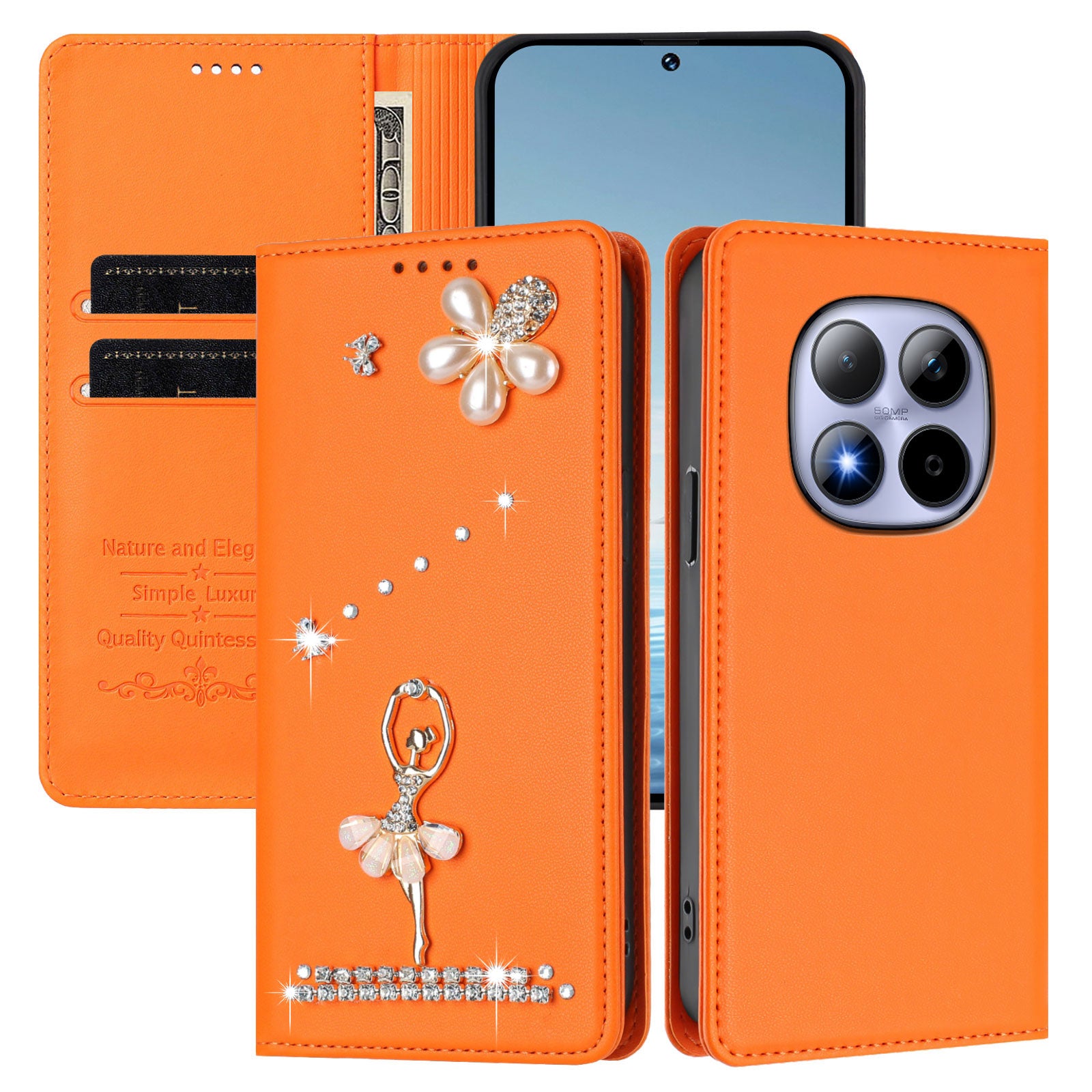 For Xiaomi Redmi Note 15 Pro 4G (Global) Leather Case RFID Blocking Wallet Stand Rhinestones Ballet Dancer Flip Phone Cover - Orange