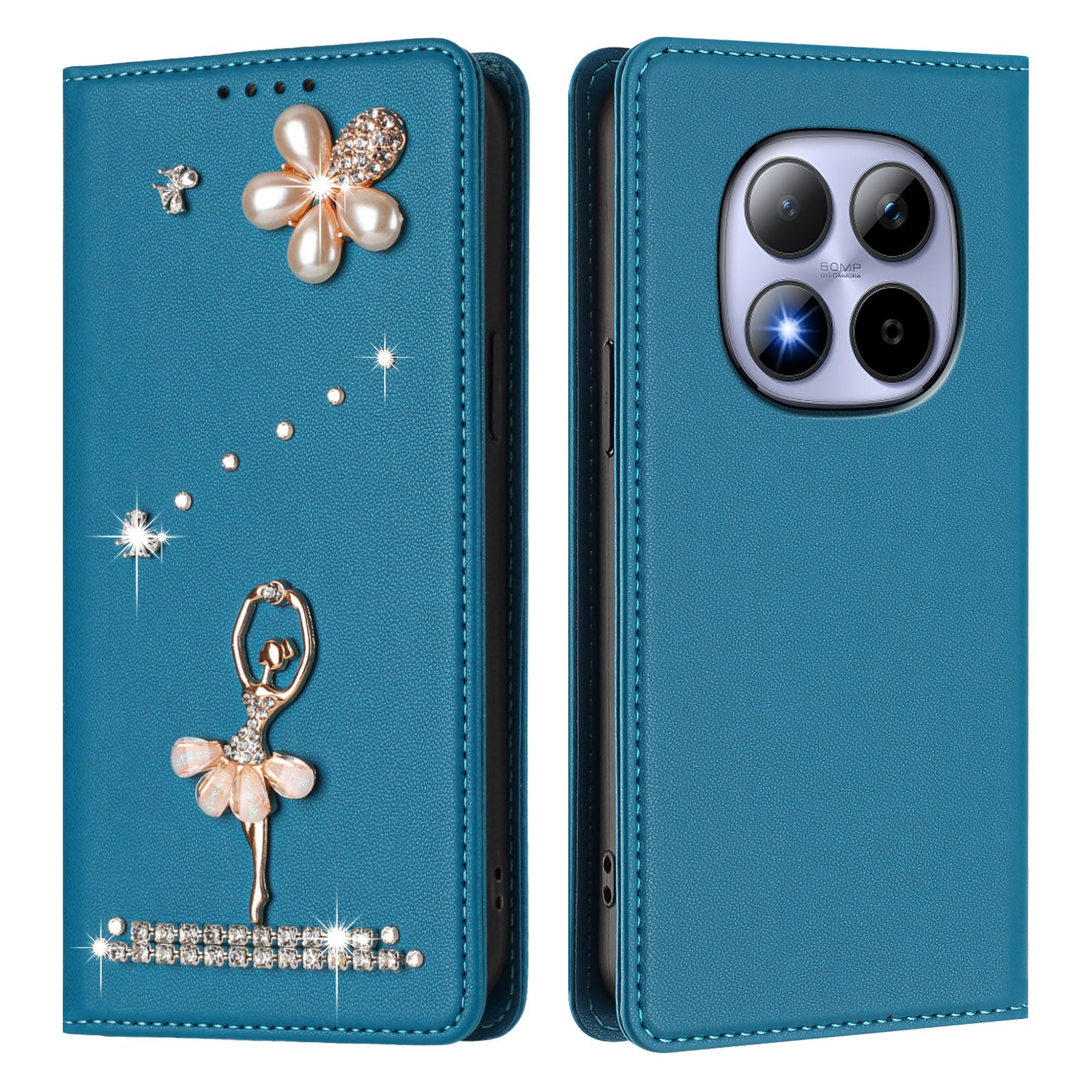 For Xiaomi Redmi Note 15 Pro 4G (Global) Leather Case RFID Blocking Wallet Stand Rhinestones Ballet Dancer Flip Phone Cover - Lake Blue