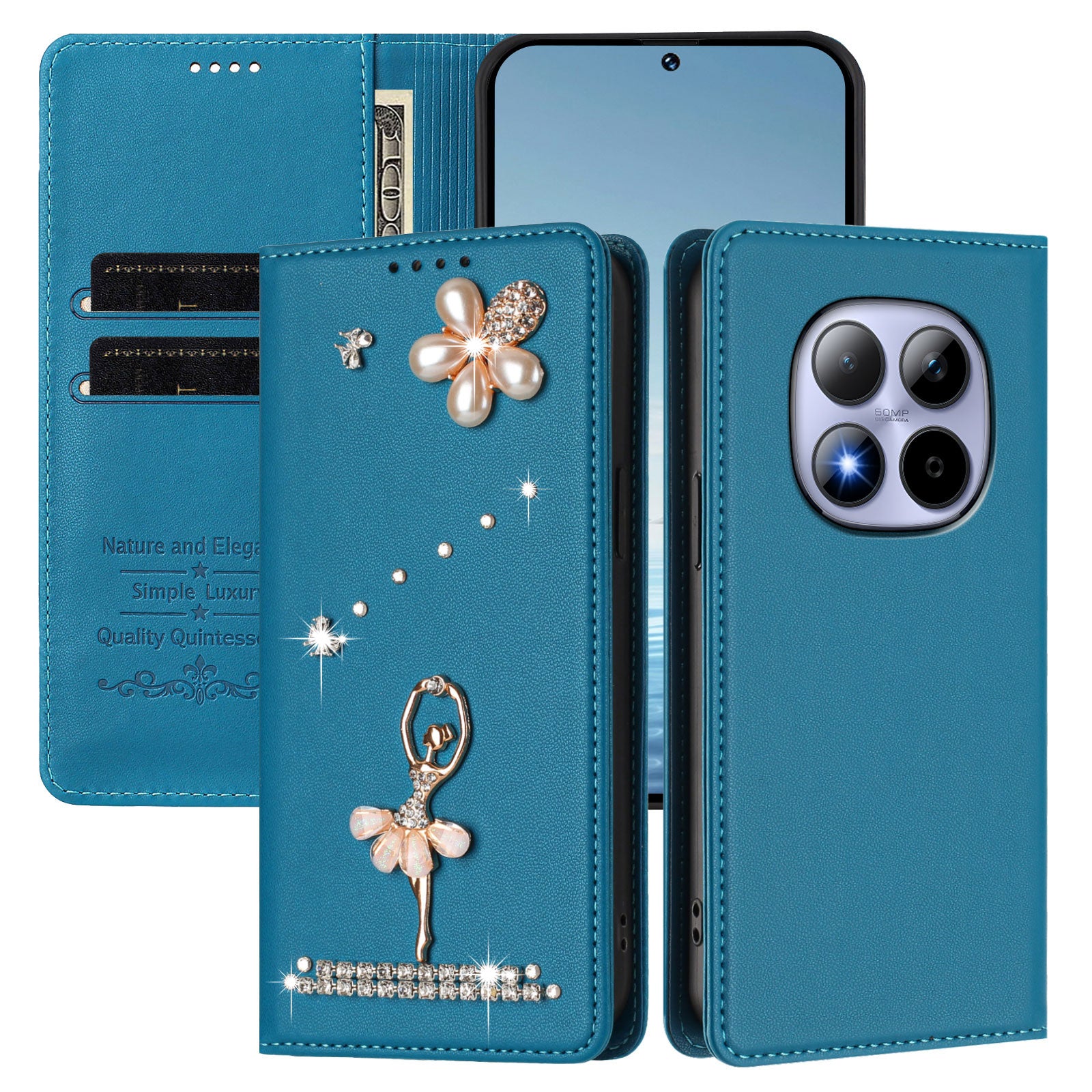 For Xiaomi Redmi Note 15 Pro 4G (Global) Leather Case RFID Blocking Wallet Stand Rhinestones Ballet Dancer Flip Phone Cover - Lake Blue