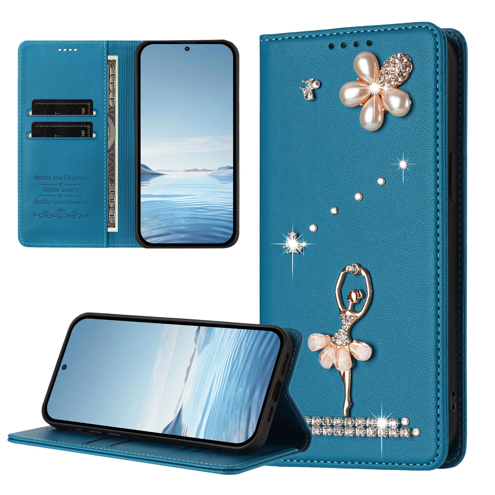 For Xiaomi Redmi Note 15 Pro 4G (Global) Leather Case RFID Blocking Wallet Stand Rhinestones Ballet Dancer Flip Phone Cover - Lake Blue