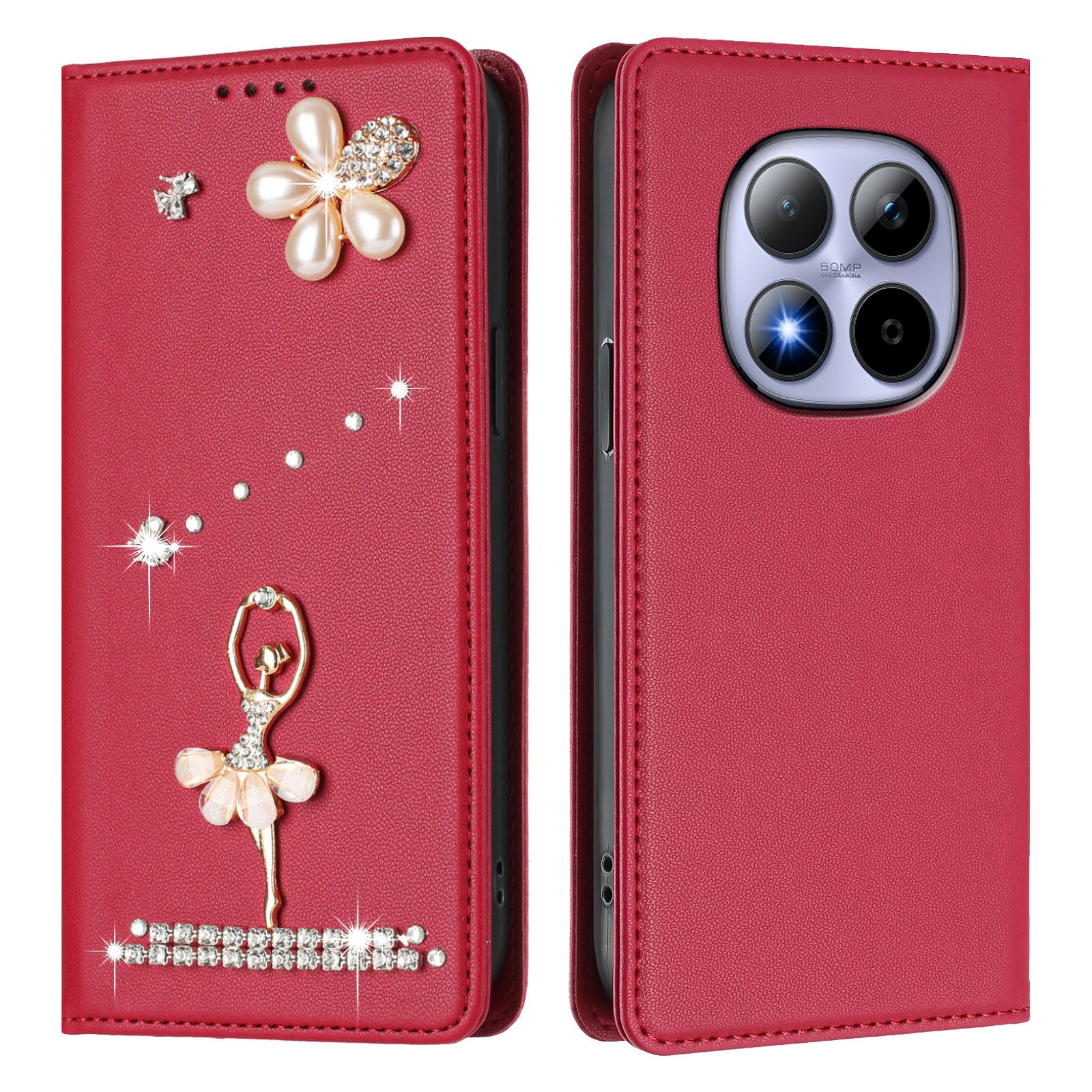 For Xiaomi Redmi Note 15 Pro 4G (Global) Leather Case RFID Blocking Wallet Stand Rhinestones Ballet Dancer Flip Phone Cover - Wine Red