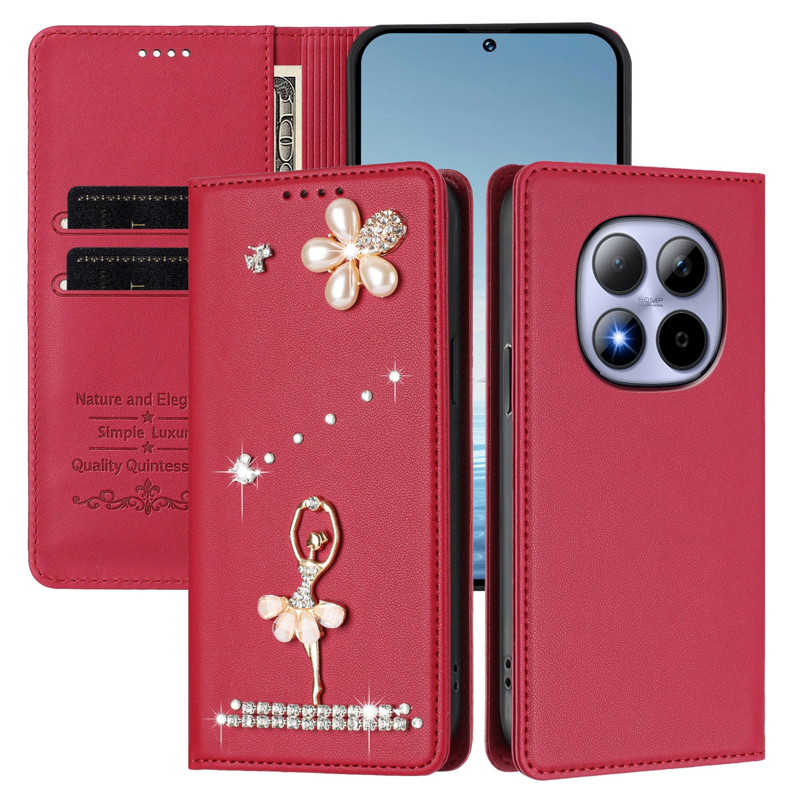 For Xiaomi Redmi Note 15 Pro 4G (Global) Leather Case RFID Blocking Wallet Stand Rhinestones Ballet Dancer Flip Phone Cover - Wine Red