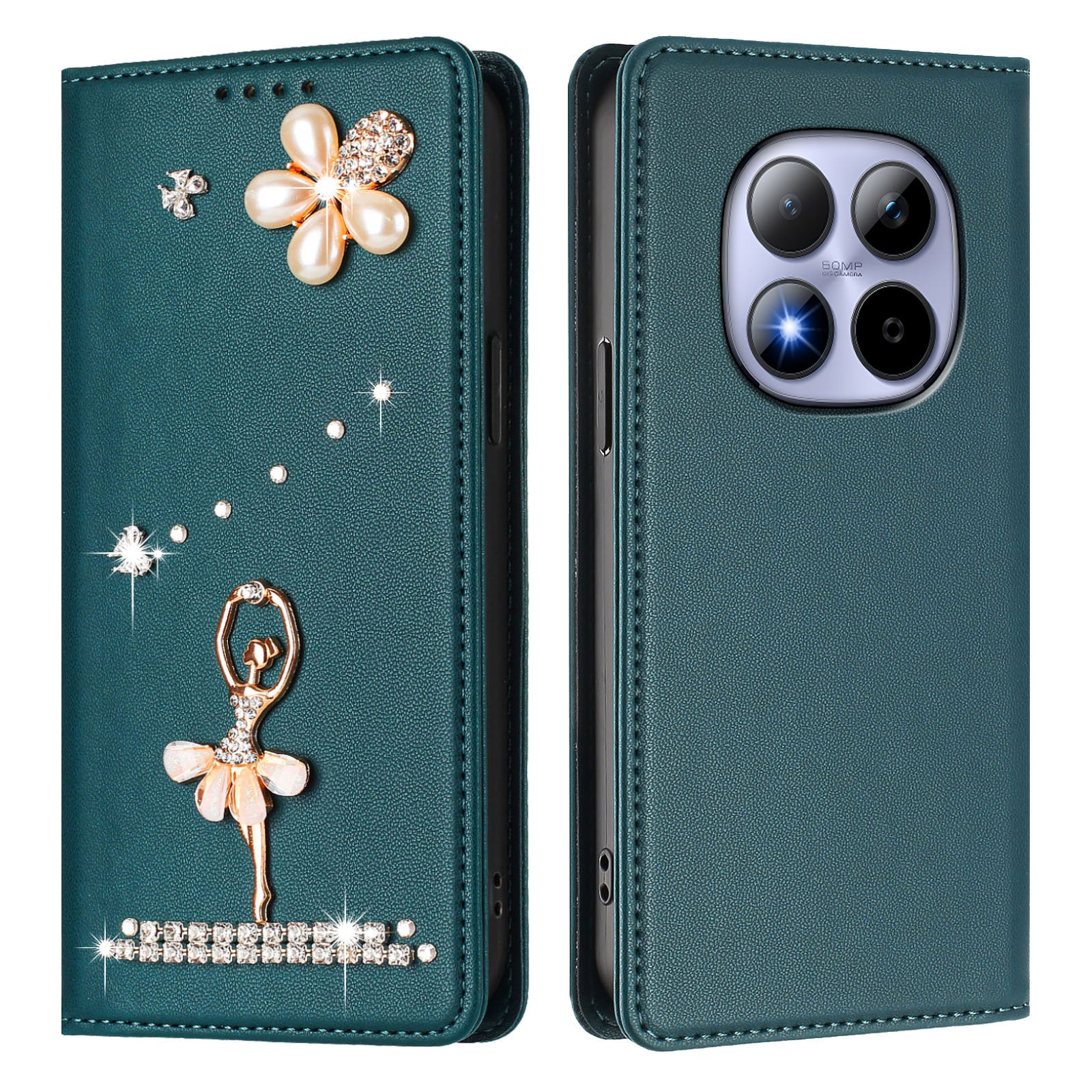 For Xiaomi Redmi Note 15 Pro 4G (Global) Leather Case RFID Blocking Wallet Stand Rhinestones Ballet Dancer Flip Phone Cover - Green