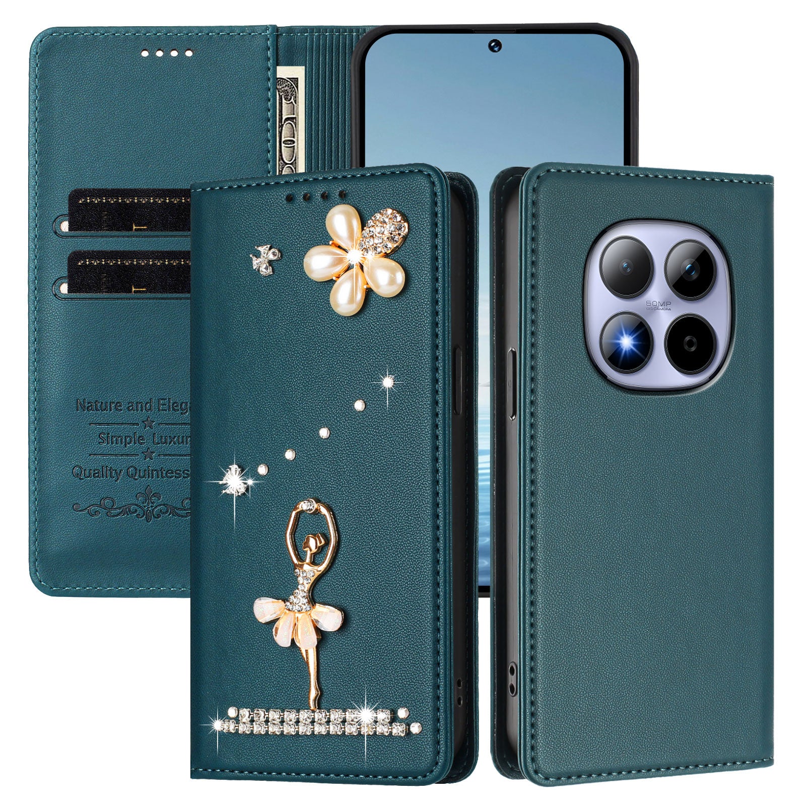 For Xiaomi Redmi Note 15 Pro 4G (Global) Leather Case RFID Blocking Wallet Stand Rhinestones Ballet Dancer Flip Phone Cover - Green
