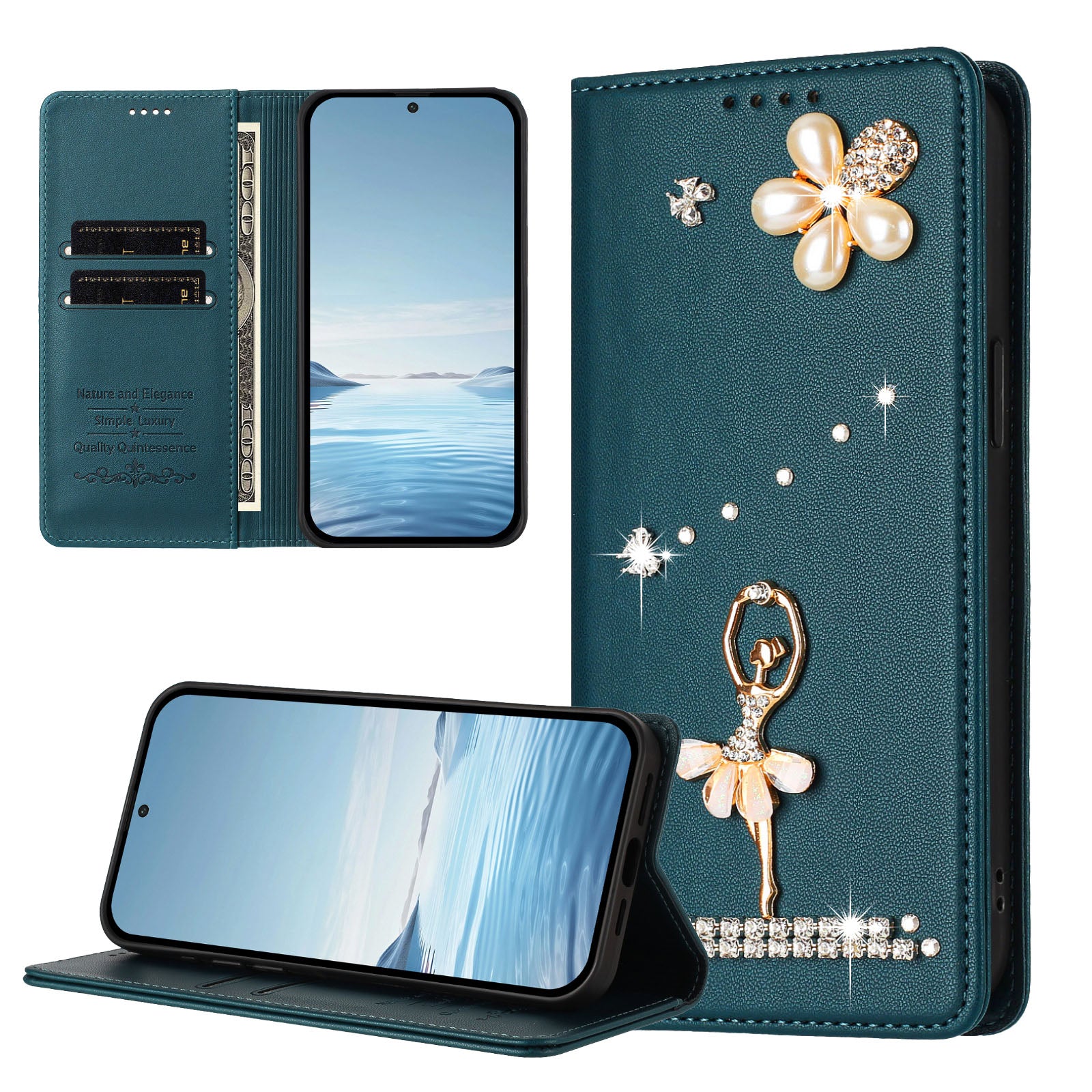 For Xiaomi Redmi Note 15 Pro 4G (Global) Leather Case RFID Blocking Wallet Stand Rhinestones Ballet Dancer Flip Phone Cover - Green