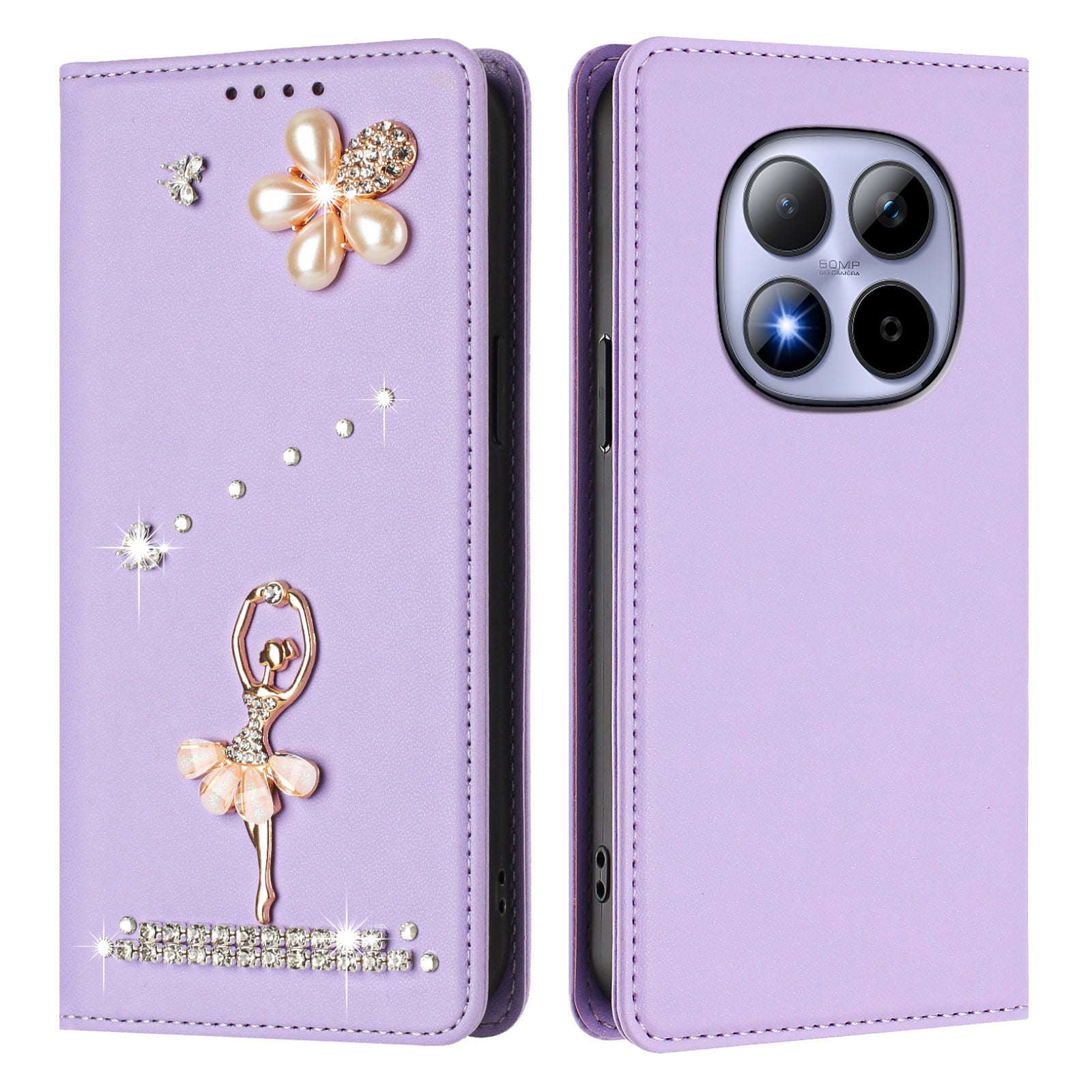 For Xiaomi Redmi Note 15 Pro 4G (Global) Leather Case RFID Blocking Wallet Stand Rhinestones Ballet Dancer Flip Phone Cover - Light Purple