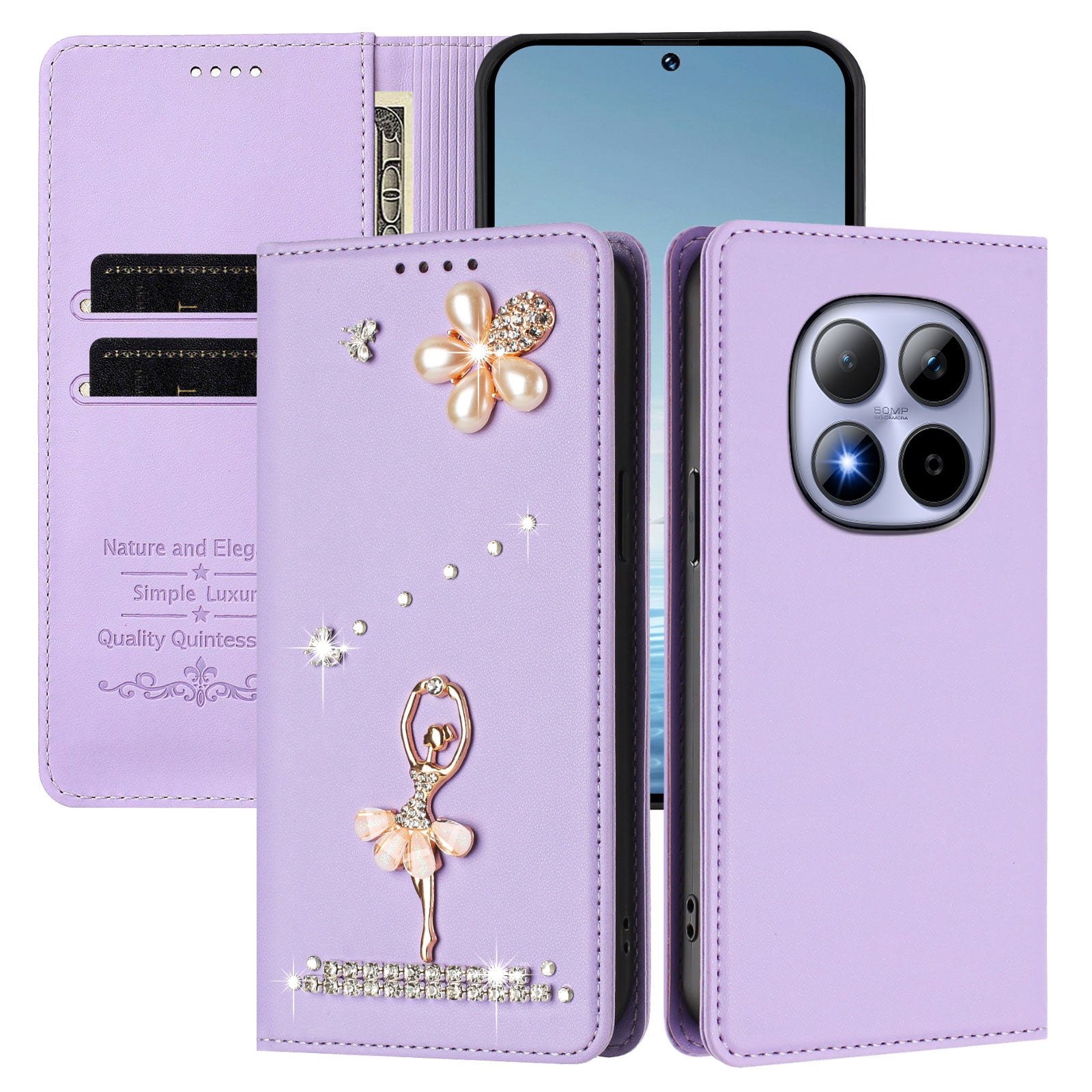 For Xiaomi Redmi Note 15 Pro 4G (Global) Leather Case RFID Blocking Wallet Stand Rhinestones Ballet Dancer Flip Phone Cover - Light Purple