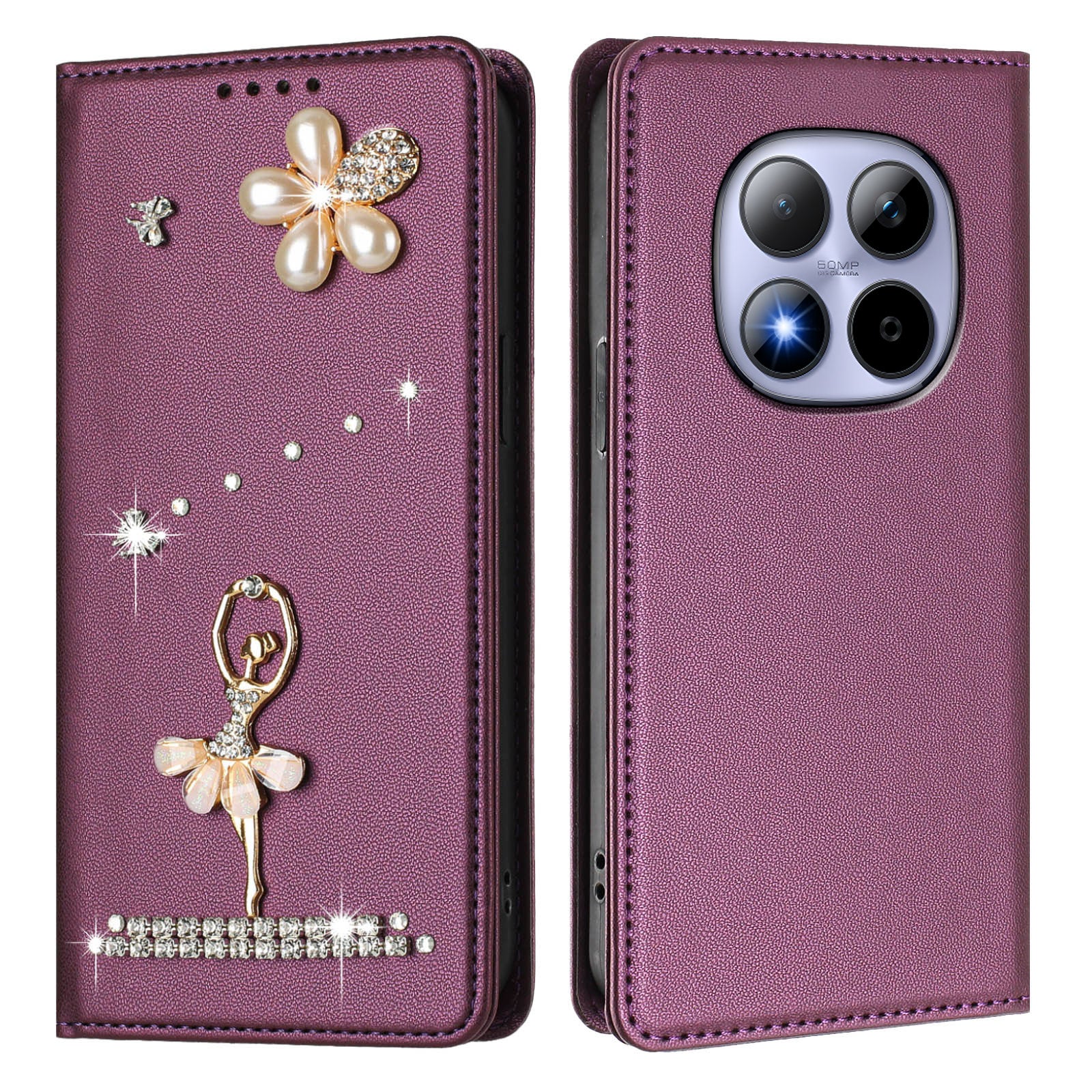 For Xiaomi Redmi Note 15 Pro 4G (Global) Leather Case RFID Blocking Wallet Stand Rhinestones Ballet Dancer Flip Phone Cover - Violet
