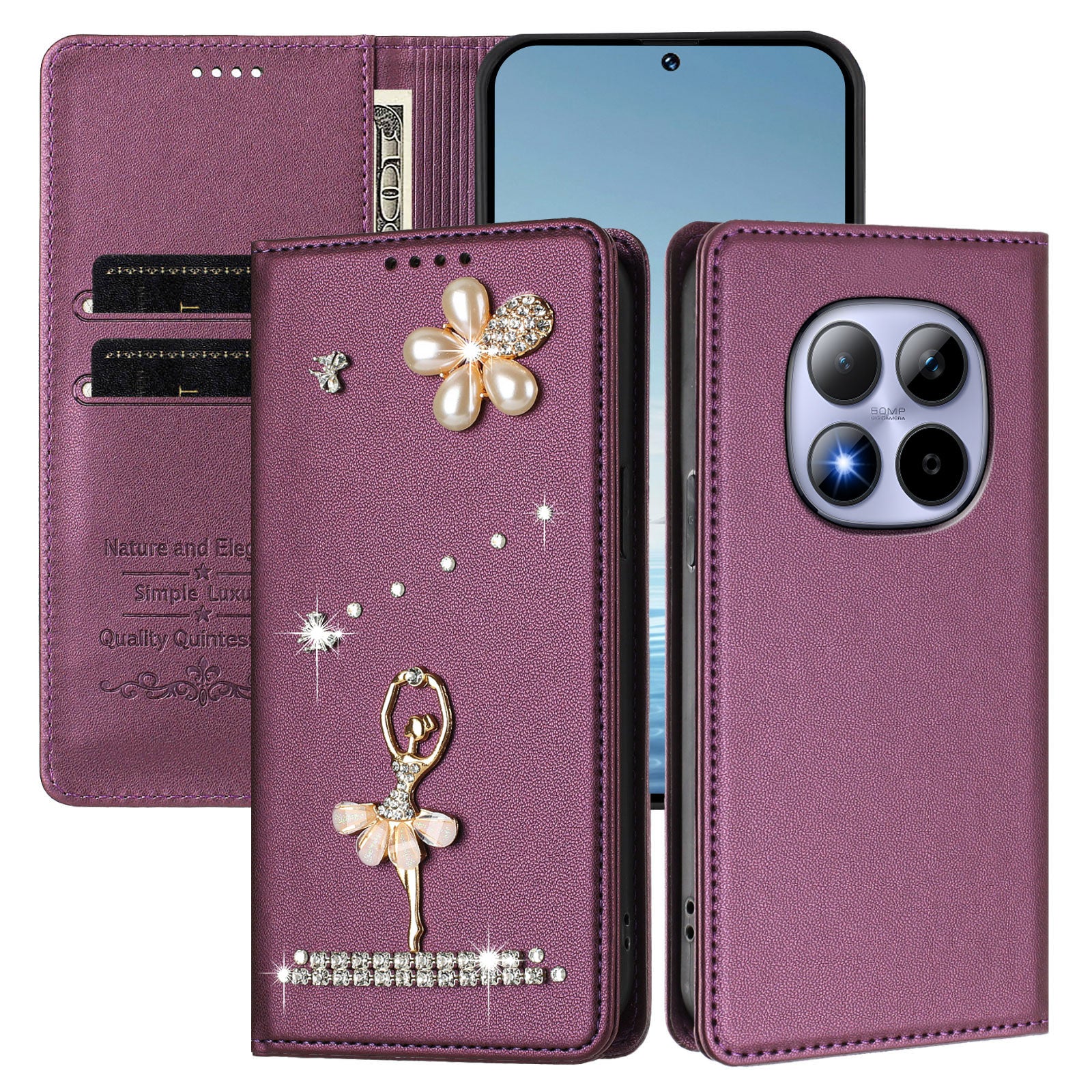 For Xiaomi Redmi Note 15 Pro 4G (Global) Leather Case RFID Blocking Wallet Stand Rhinestones Ballet Dancer Flip Phone Cover - Violet