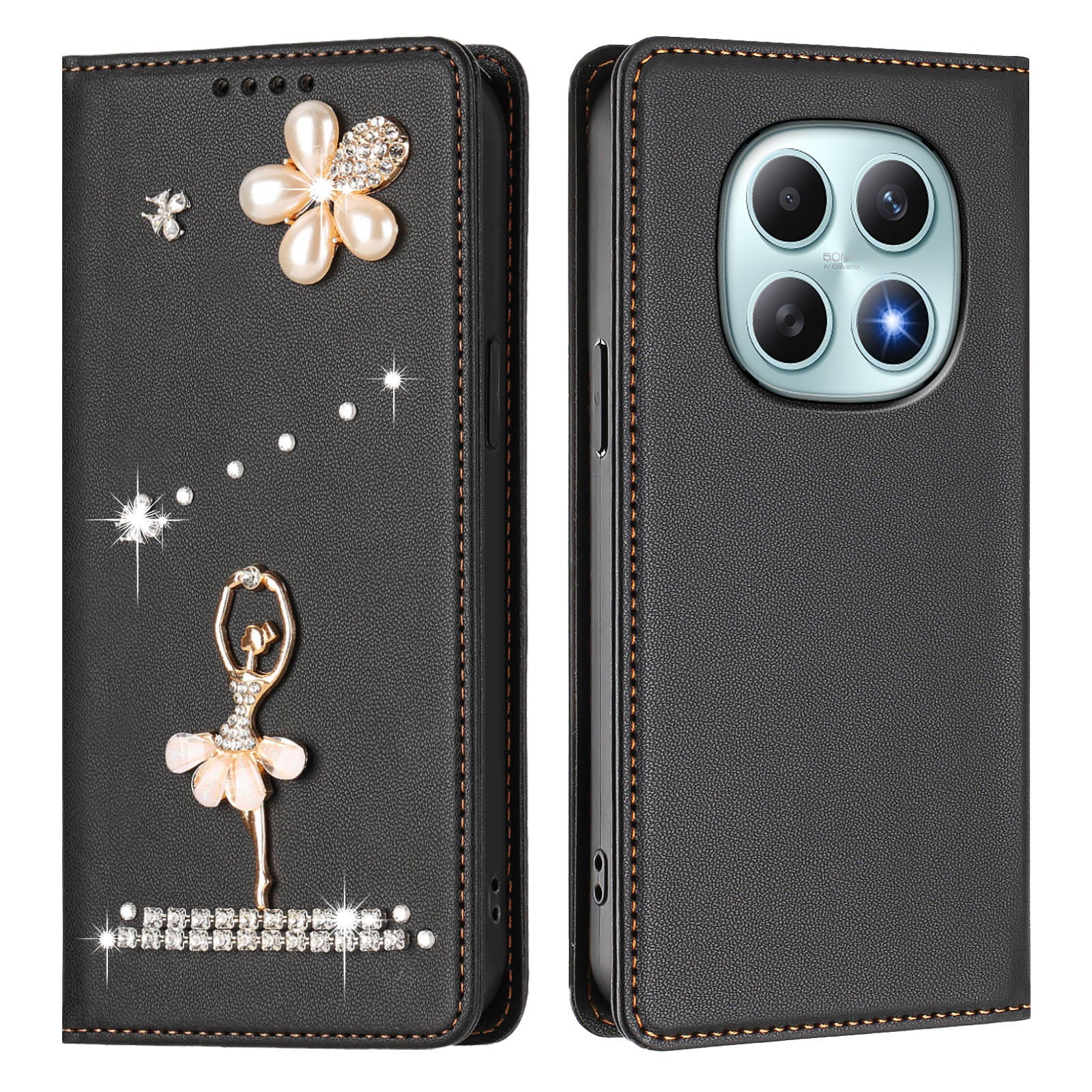 For Xiaomi Redmi Note 15 4G (Global) / Xiaomi Poco M8 5G / Xiaomi Redmi Note 15 5G (Global) Leather Case RFID Blocking Wallet Stand Rhinestones Ballet Dancer Flip Phone Cover - Black