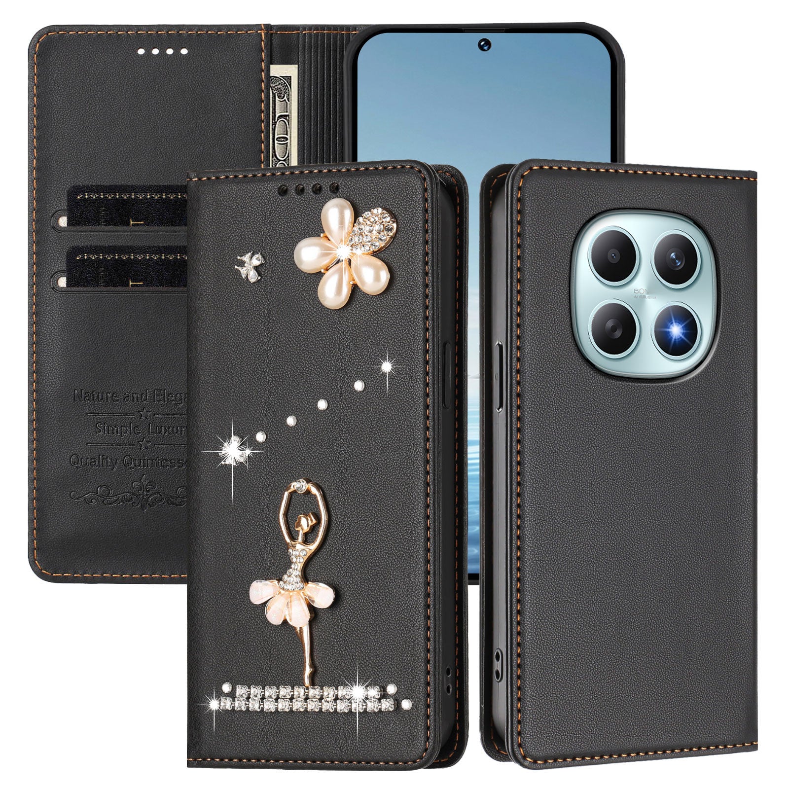 For Xiaomi Redmi Note 15 4G (Global) / Xiaomi Poco M8 5G / Xiaomi Redmi Note 15 5G (Global) Leather Case RFID Blocking Wallet Stand Rhinestones Ballet Dancer Flip Phone Cover - Black