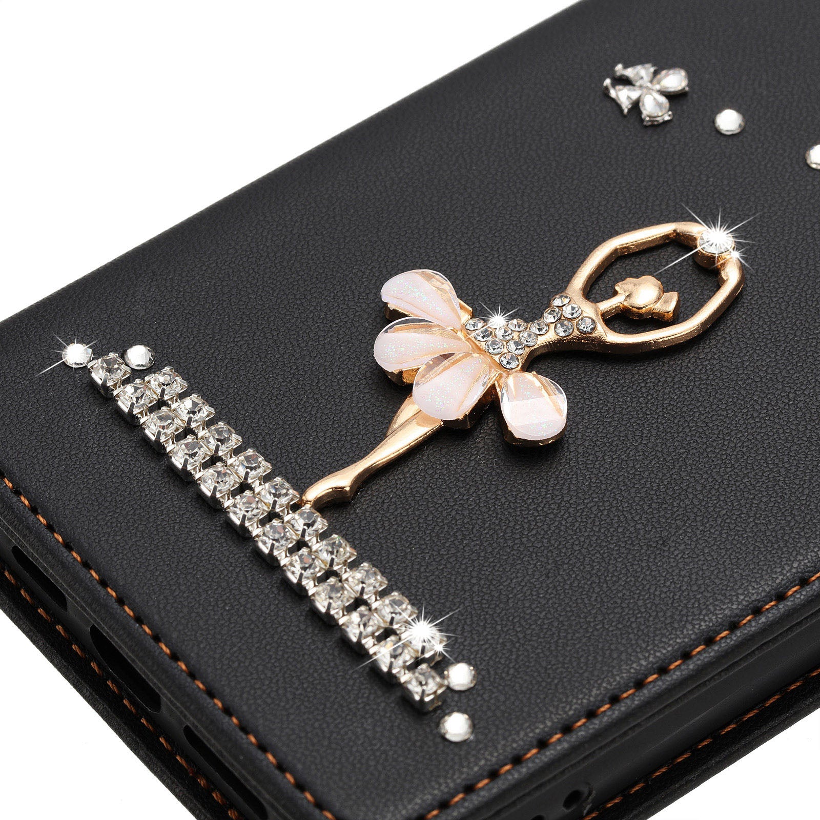For Xiaomi Redmi Note 15 4G (Global) / Xiaomi Poco M8 5G / Xiaomi Redmi Note 15 5G (Global) Leather Case RFID Blocking Wallet Stand Rhinestones Ballet Dancer Flip Phone Cover - Black