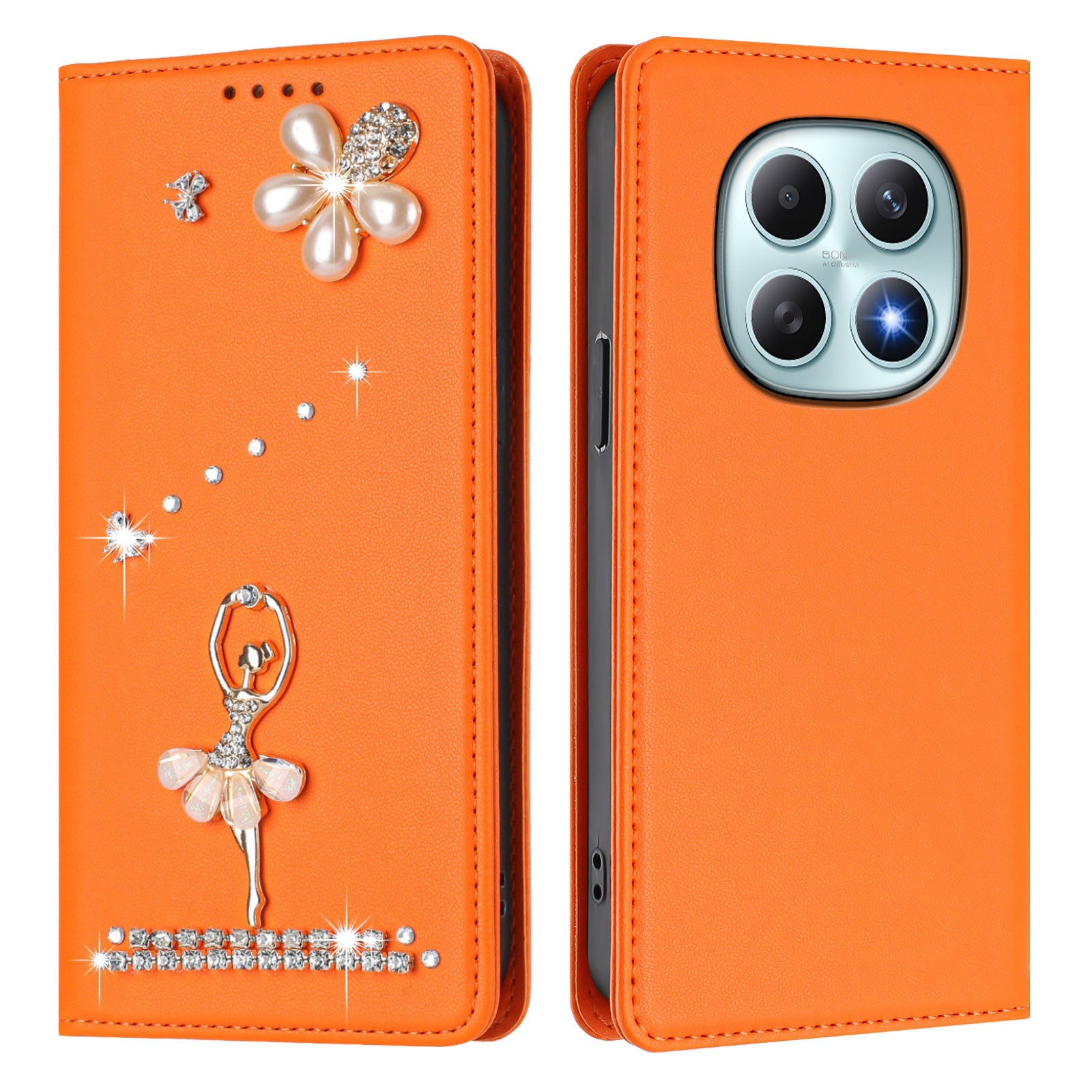 For Xiaomi Redmi Note 15 4G (Global) / Xiaomi Poco M8 5G / Xiaomi Redmi Note 15 5G (Global) Leather Case RFID Blocking Wallet Stand Rhinestones Ballet Dancer Flip Phone Cover - Orange