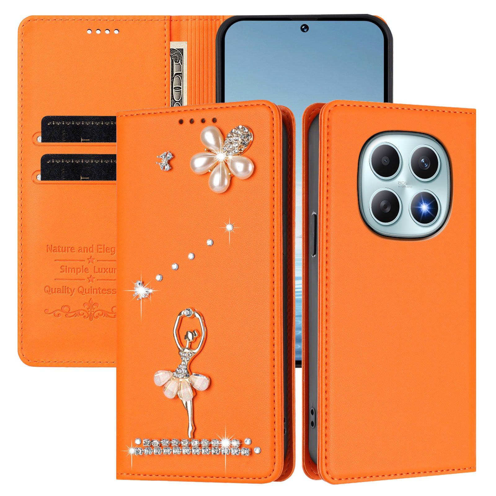 For Xiaomi Redmi Note 15 4G (Global) / Xiaomi Poco M8 5G / Xiaomi Redmi Note 15 5G (Global) Leather Case RFID Blocking Wallet Stand Rhinestones Ballet Dancer Flip Phone Cover - Orange