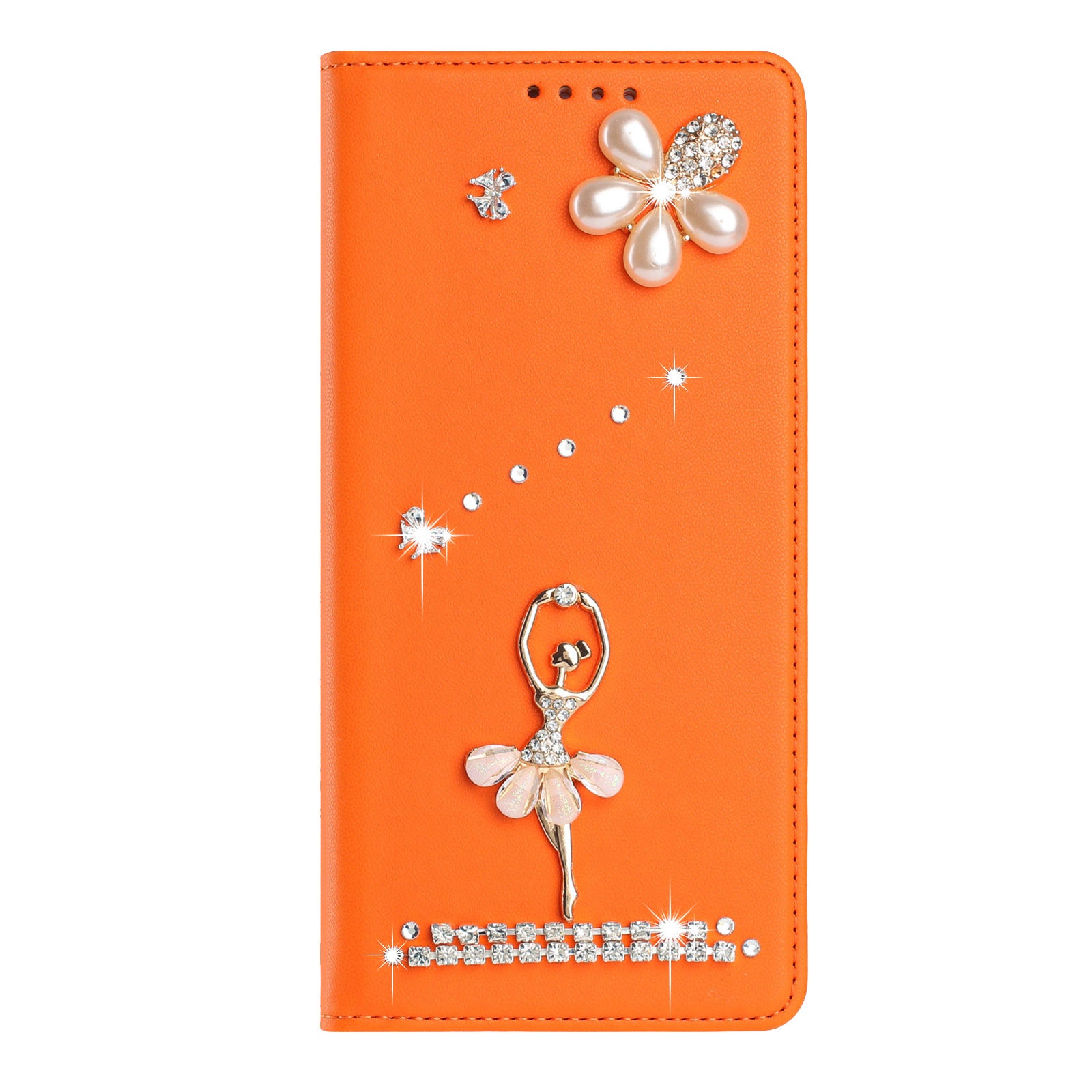 For Xiaomi Redmi Note 15 4G (Global) / Xiaomi Poco M8 5G / Xiaomi Redmi Note 15 5G (Global) Leather Case RFID Blocking Wallet Stand Rhinestones Ballet Dancer Flip Phone Cover - Orange