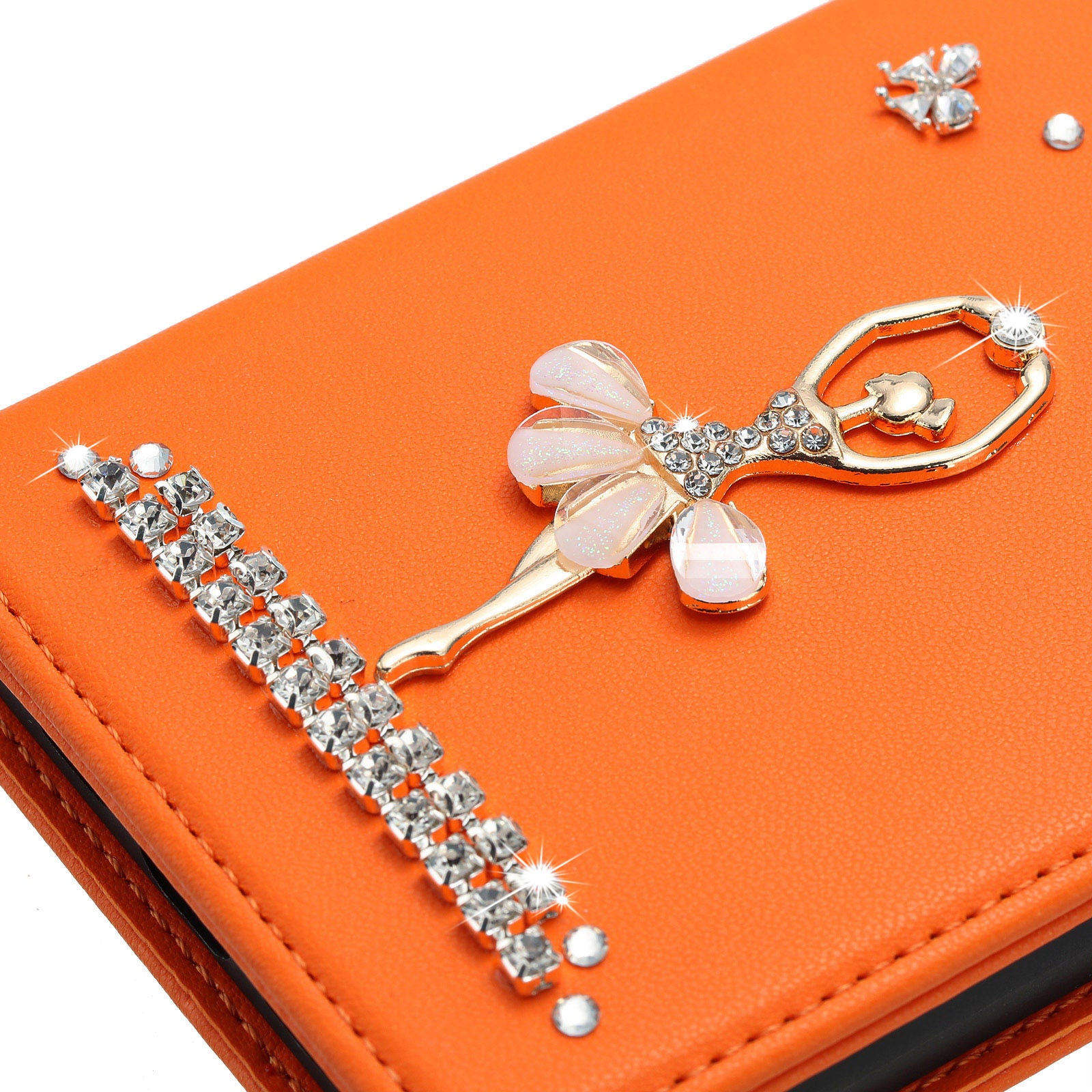 For Xiaomi Redmi Note 15 4G (Global) / Xiaomi Poco M8 5G / Xiaomi Redmi Note 15 5G (Global) Leather Case RFID Blocking Wallet Stand Rhinestones Ballet Dancer Flip Phone Cover - Orange