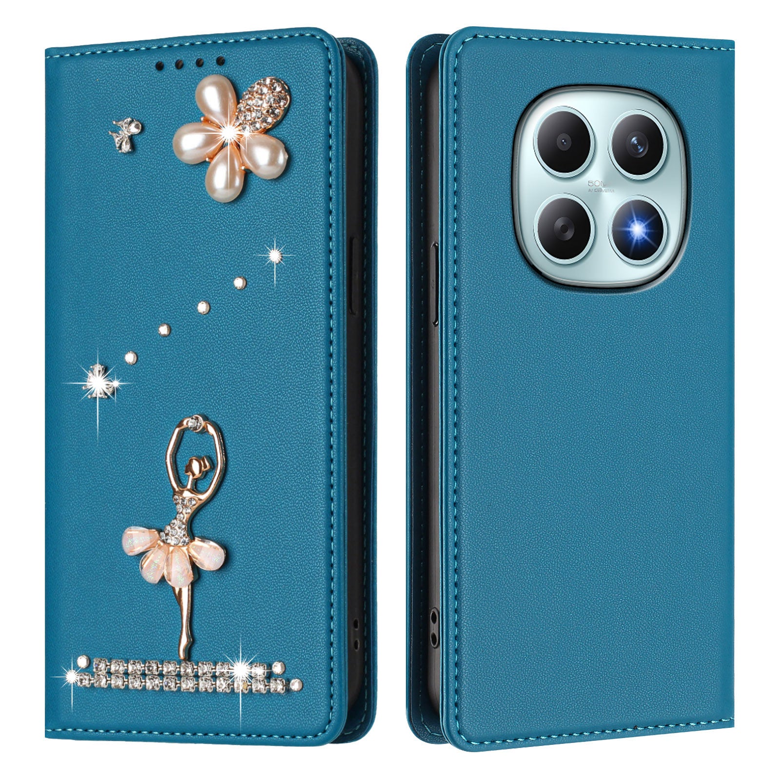 For Xiaomi Redmi Note 15 4G (Global) / Xiaomi Poco M8 5G / Xiaomi Redmi Note 15 5G (Global) Leather Case RFID Blocking Wallet Stand Rhinestones Ballet Dancer Flip Phone Cover - Lake Blue