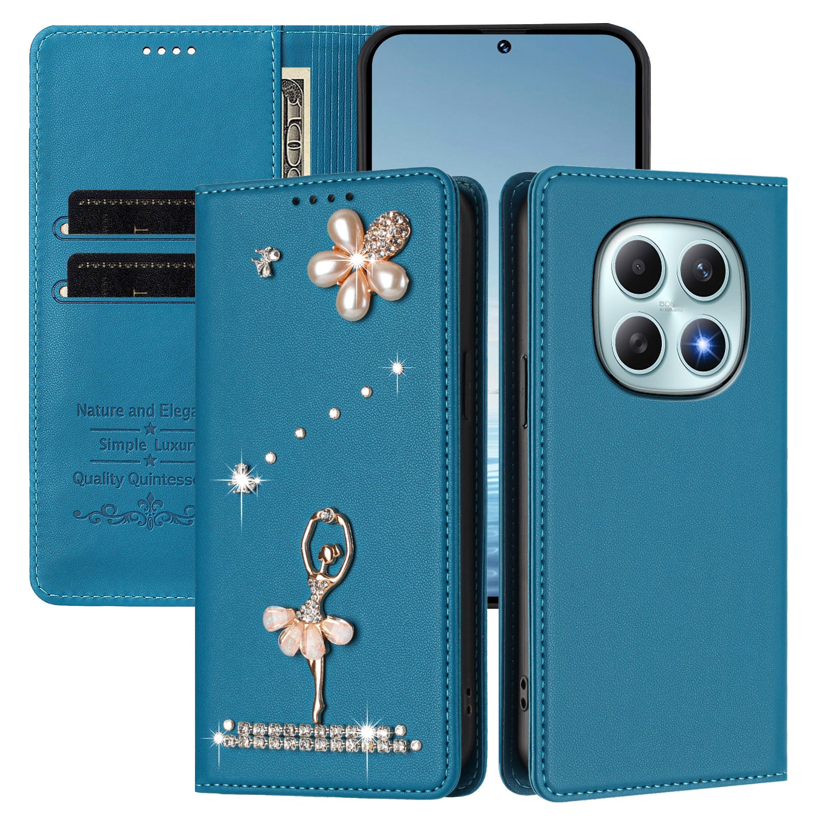 For Xiaomi Redmi Note 15 4G (Global) / Xiaomi Poco M8 5G / Xiaomi Redmi Note 15 5G (Global) Leather Case RFID Blocking Wallet Stand Rhinestones Ballet Dancer Flip Phone Cover - Lake Blue