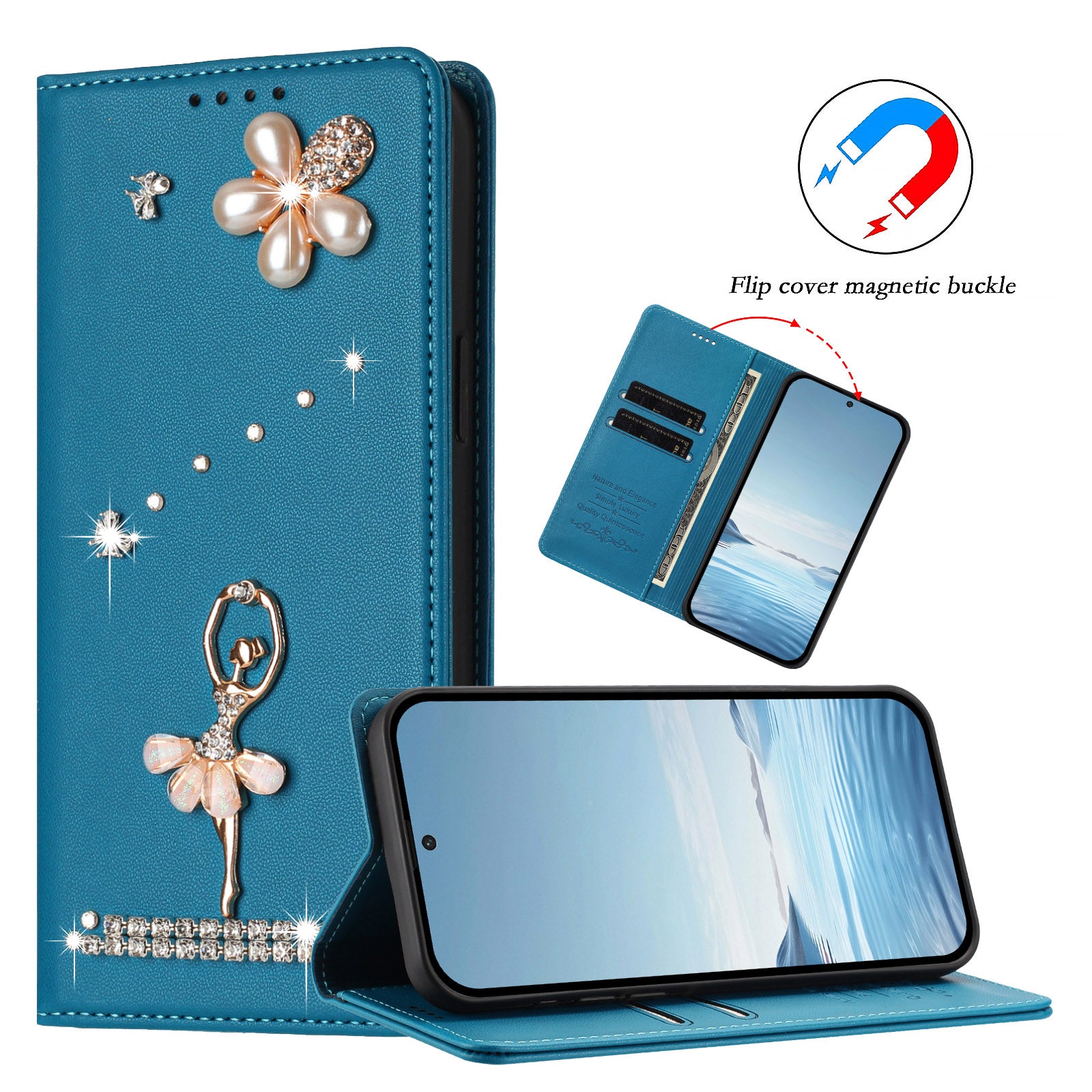 For Xiaomi Redmi Note 15 4G (Global) / Xiaomi Poco M8 5G / Xiaomi Redmi Note 15 5G (Global) Leather Case RFID Blocking Wallet Stand Rhinestones Ballet Dancer Flip Phone Cover - Lake Blue