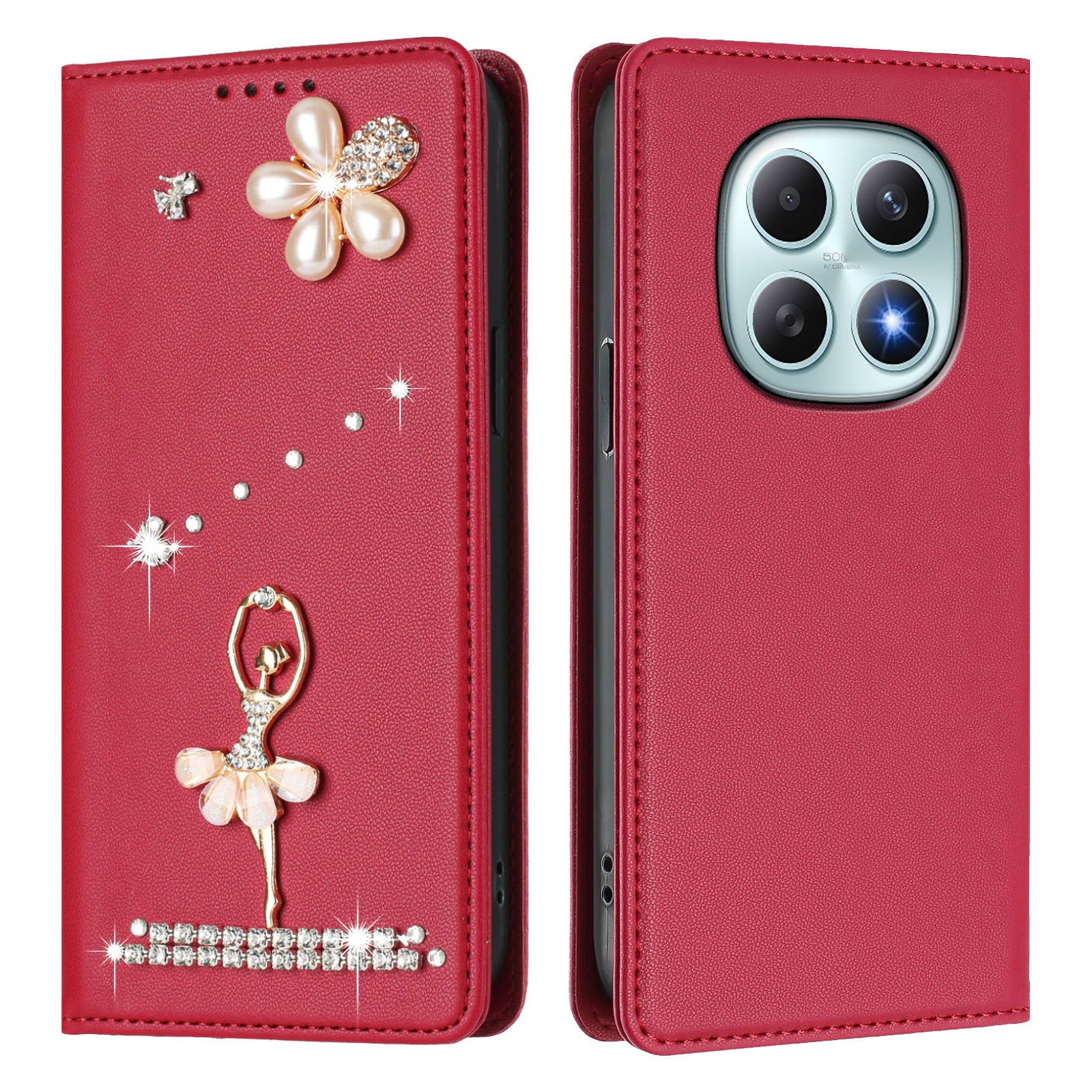 For Xiaomi Redmi Note 15 4G (Global) / Xiaomi Poco M8 5G / Xiaomi Redmi Note 15 5G (Global) Leather Case RFID Blocking Wallet Stand Rhinestones Ballet Dancer Flip Phone Cover - Wine Red